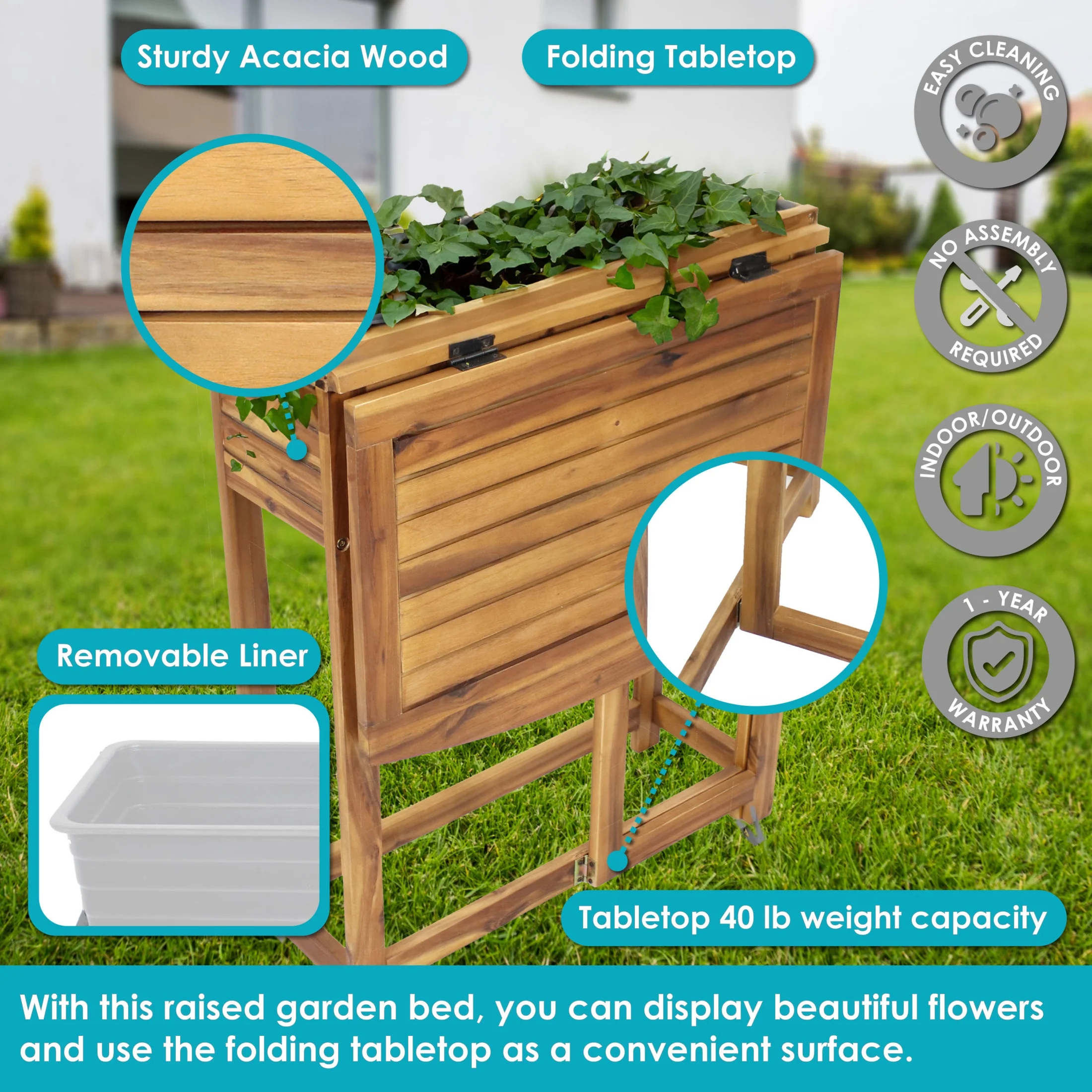 Sunnydaze 24.25" x 25" x 30.5" Natural Acacia Wood Rectangular Raised Garden Bed with Shelf - image 4