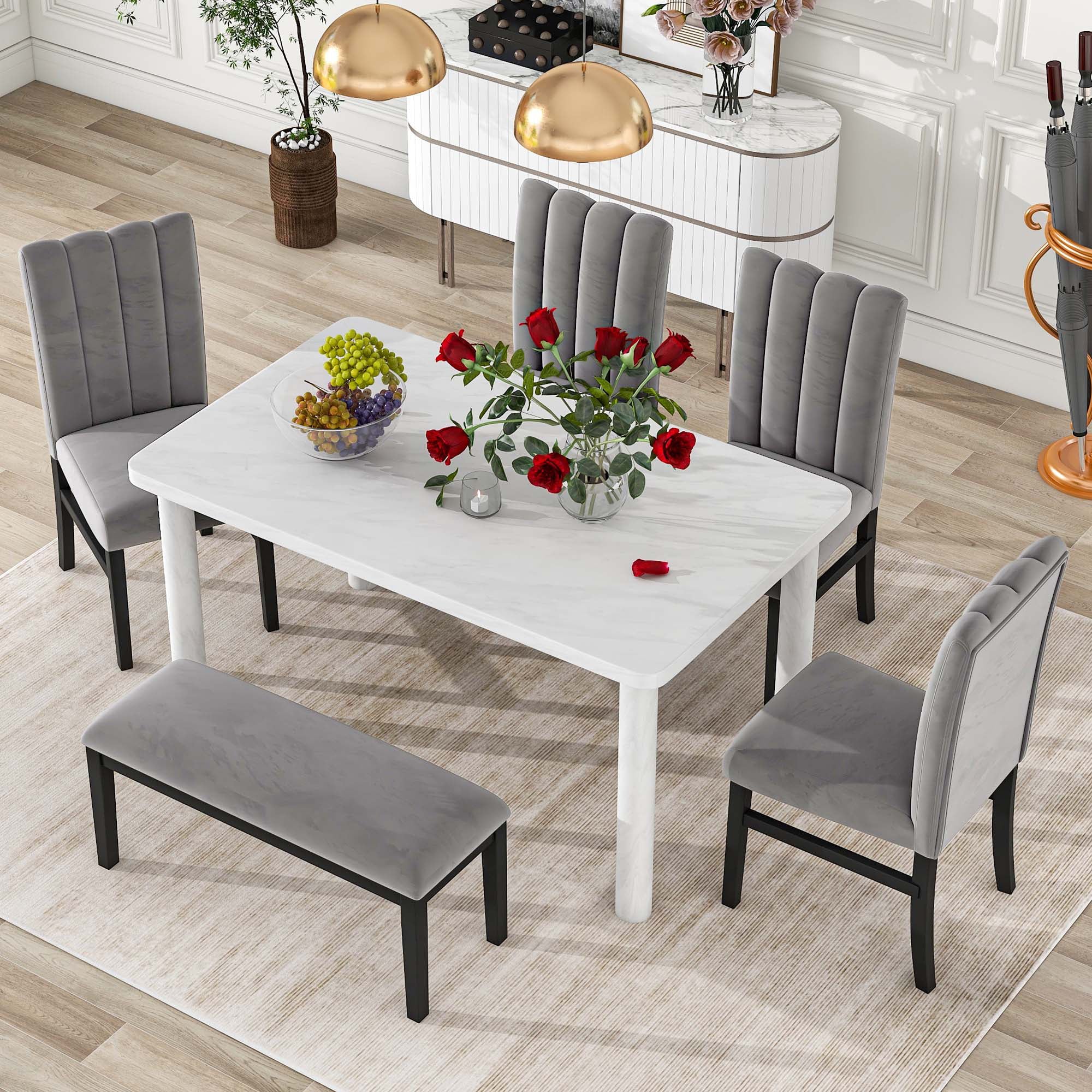 Set of 6 Marble Sticker Dining Table and 4 Velvet Upholstered Dining Chairs and Bench (White+Grey) Dimensions Table: 60"L x 36"W x 30"H Chair: 19.3"L - image 7