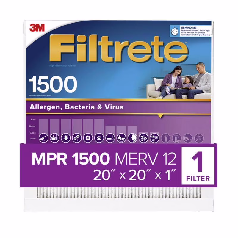 Filtrete 20 in. W X 20 in. H X 1 in. D 1500 MPR Pleated Allergen Air Filter 1 pk - image 1