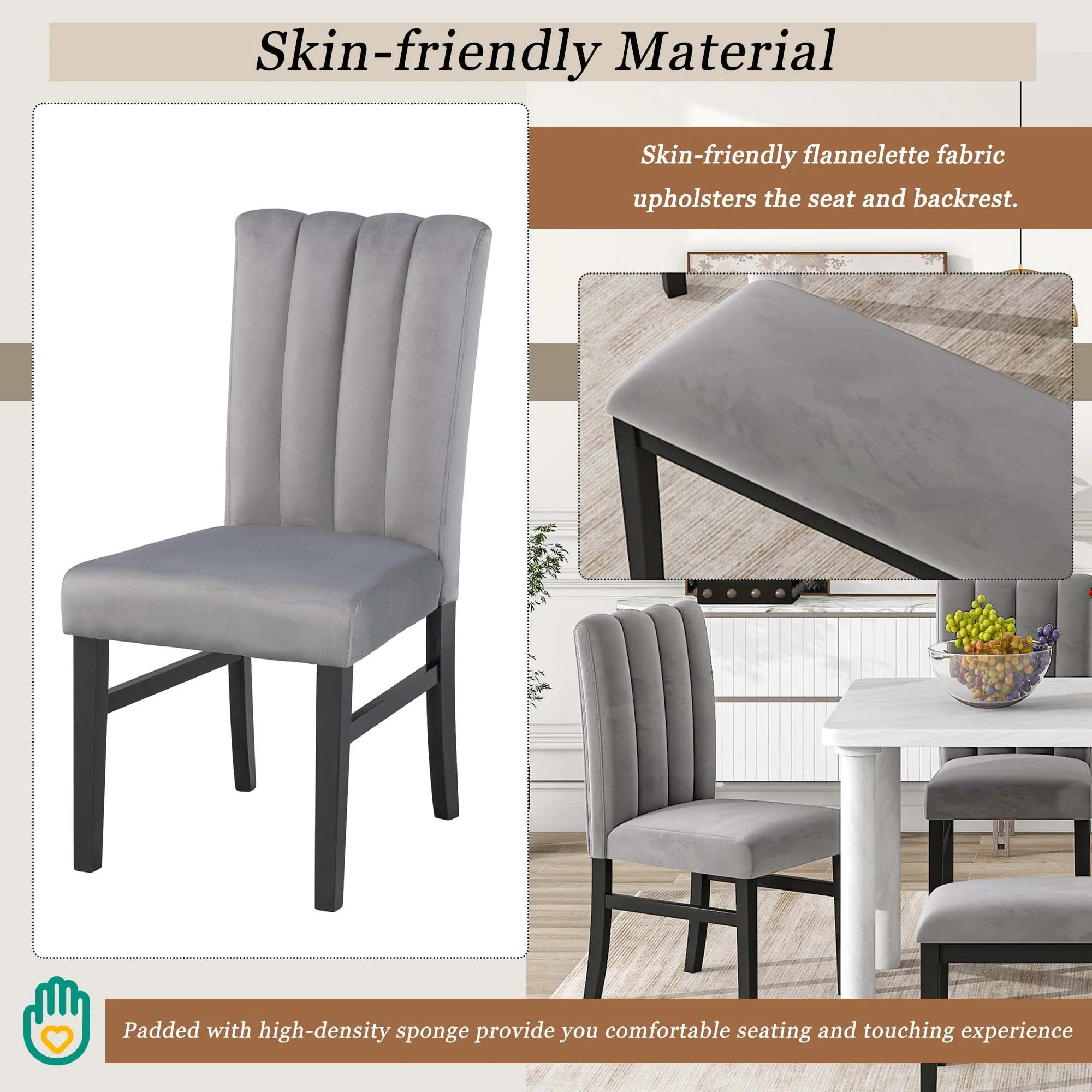 Set of 6 Marble Sticker Dining Table and 4 Velvet Upholstered Dining Chairs and Bench (White+Grey) Dimensions Table: 60"L x 36"W x 30"H Chair: 19.3"L - image 4
