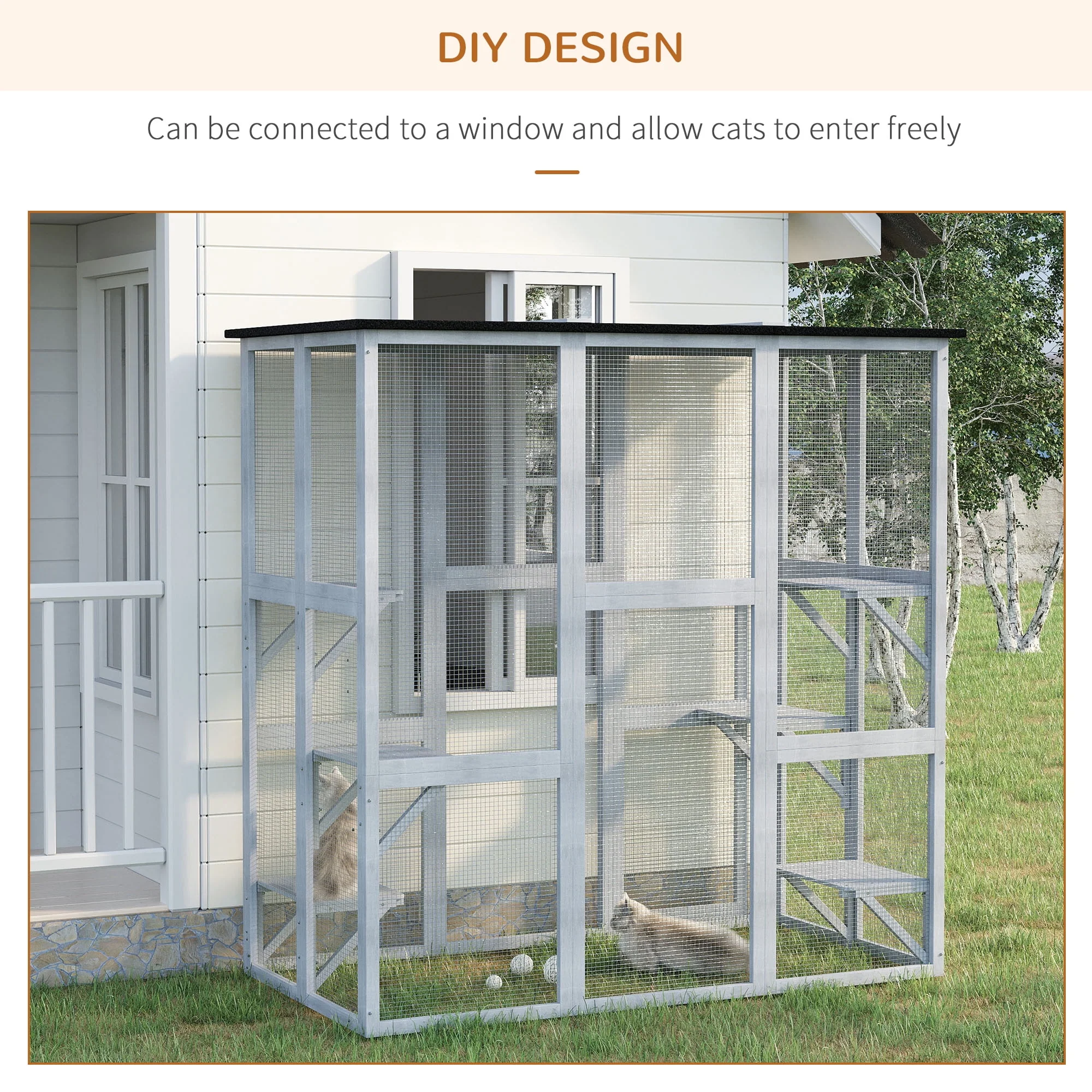 PawHut Wooden Catio Enclosure with Weather Protection, 6 Platforms, Outdoor, Large, 71" x 38.5" x 71" - image 2