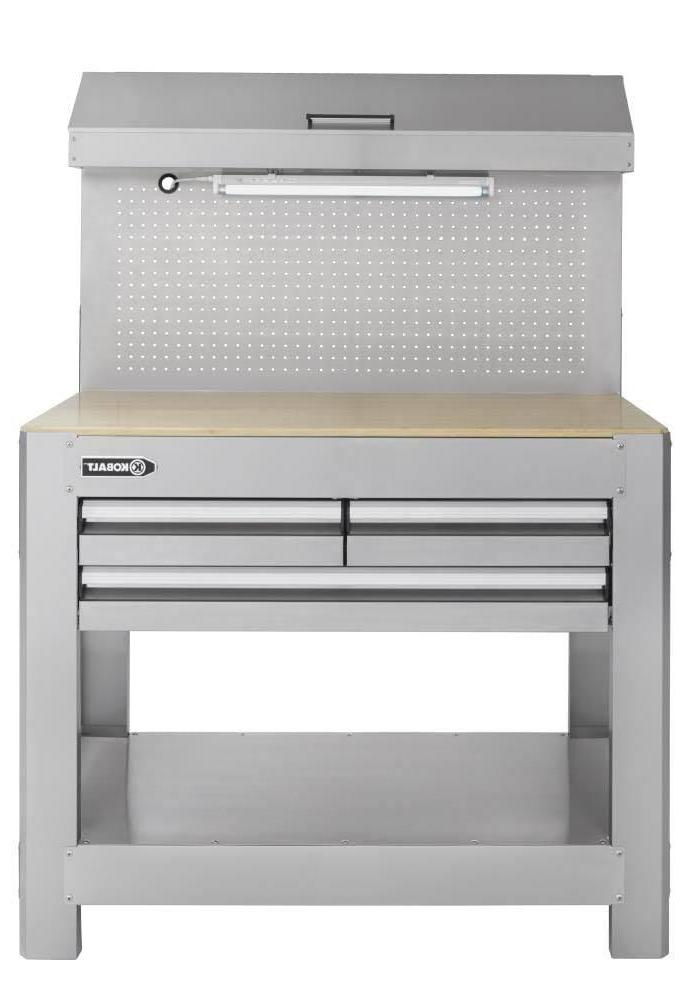 45 Inch Heavy Duty Workbench with Pegboard - Solid Oak Top, LED Light and Storage Drawers - product image 1