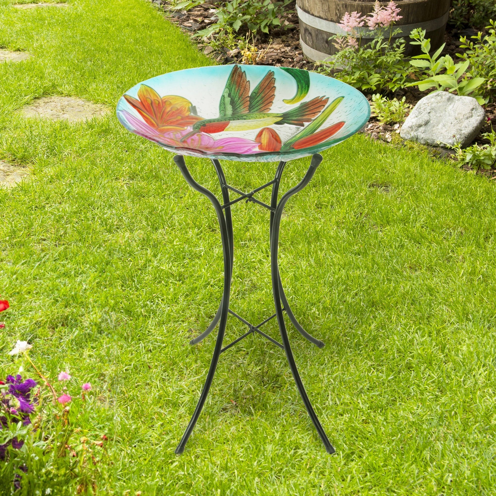 Teamson Home 18" Outdoor Glass Flower and Hummingbird Birdbath with Stand, Multicolor 45.7 x 45.7 x 53.8 - image 3