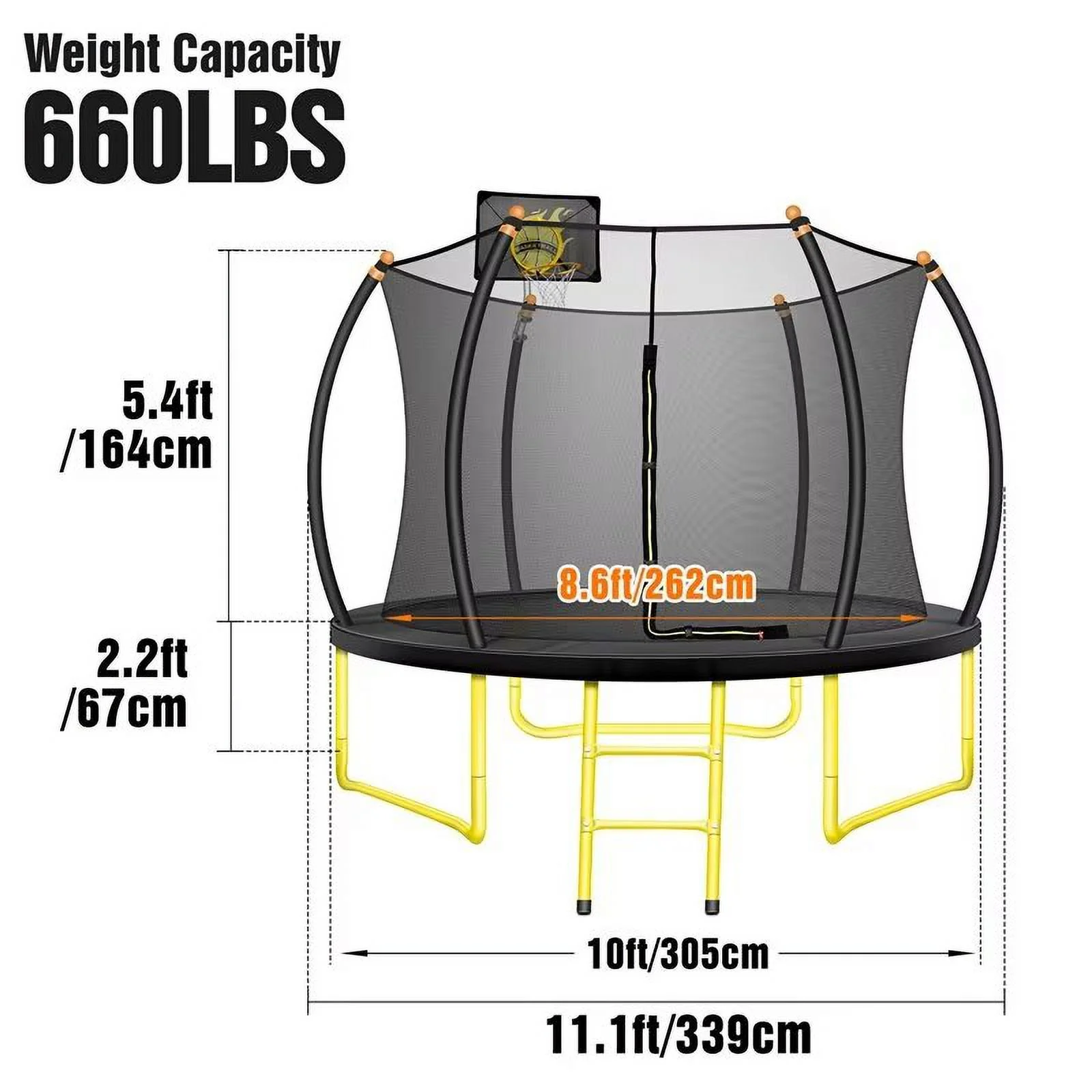 JAMPOOCA Pumpkin Trampoline with Enclosure for Kids and Adults, Black/Yellow, 63.78" x 17.72" x 8.66" - image 2