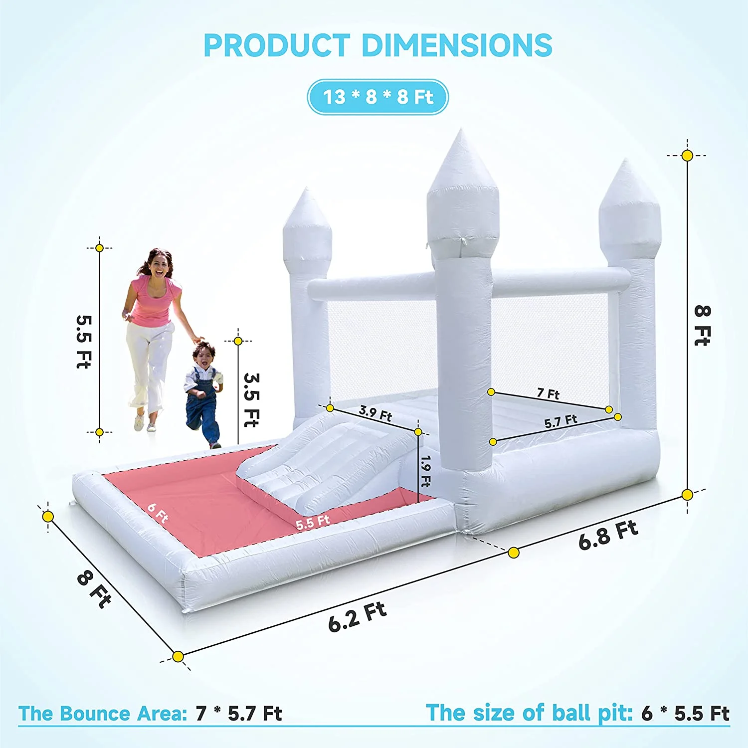 Connsann White Bounce House Oxford with Air Blower & Ball Pit for Kids Birthday Party, 13' x 8' x 8' - image 8