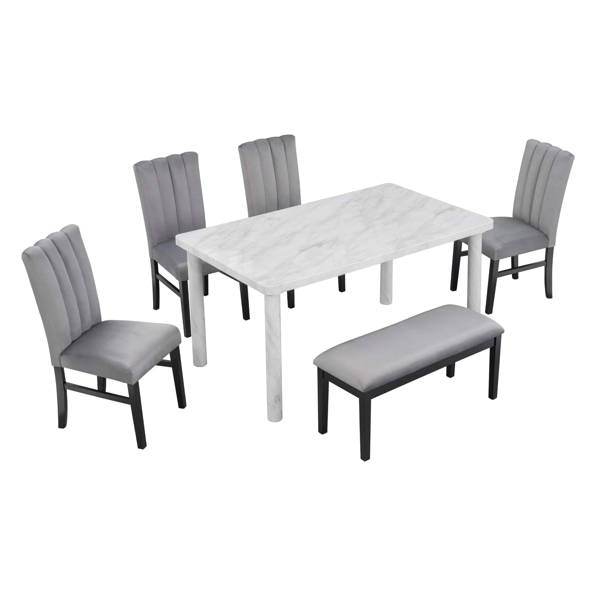 Set of 6 Marble Sticker Dining Table and 4 Velvet Upholstered Dining Chairs and Bench (White+Grey) Dimensions Table: 60"L x 36"W x 30"H Chair: 19.3"L - image 6
