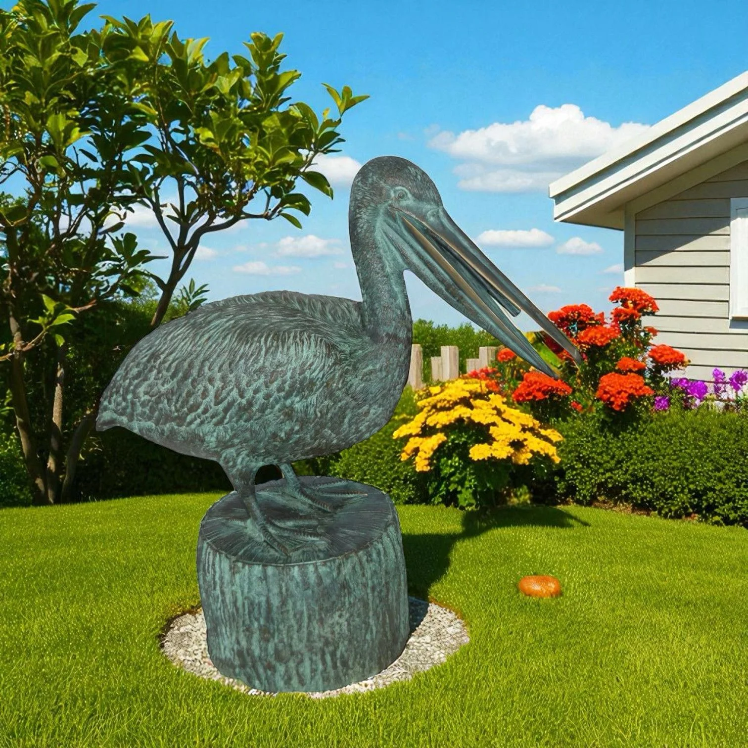 Nifao Pelican on a Tree Stump fountain bronze statue - Size: 30"L x 16"W x 46"H. - image 2