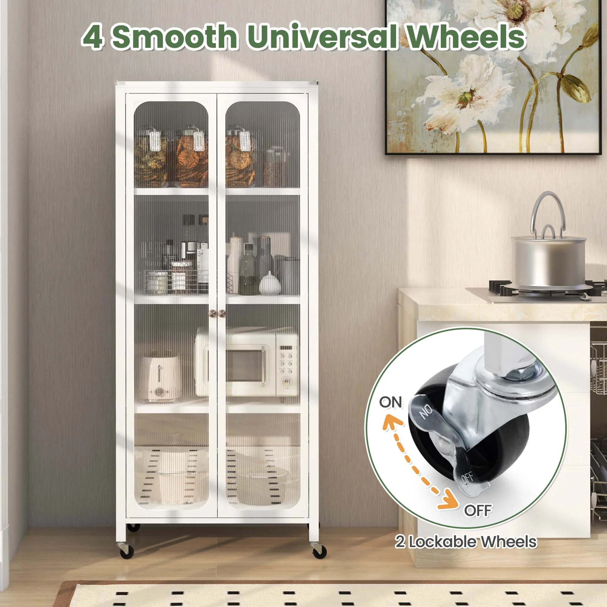 Costway Storage Cabinet with Wheels & 2 Translucent Doors Adjustable Shelves Sideboard 24" x 14.5" x 58" - image 5
