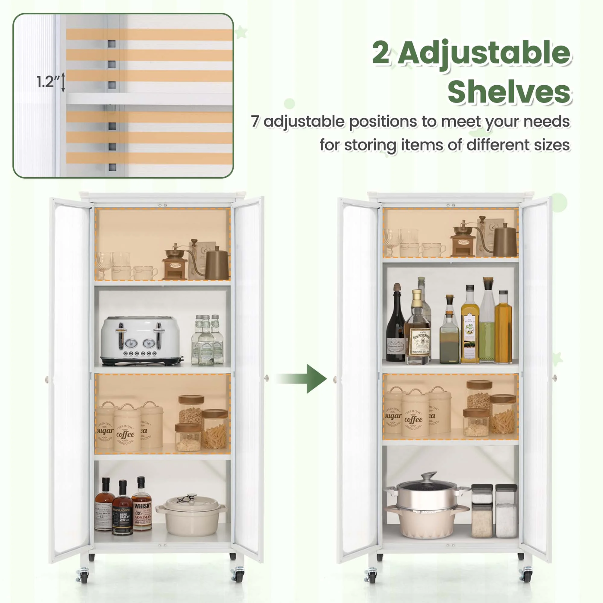 Costway Storage Cabinet with Wheels & 2 Translucent Doors Adjustable Shelves Sideboard 24" x 14.5" x 58" - image 7