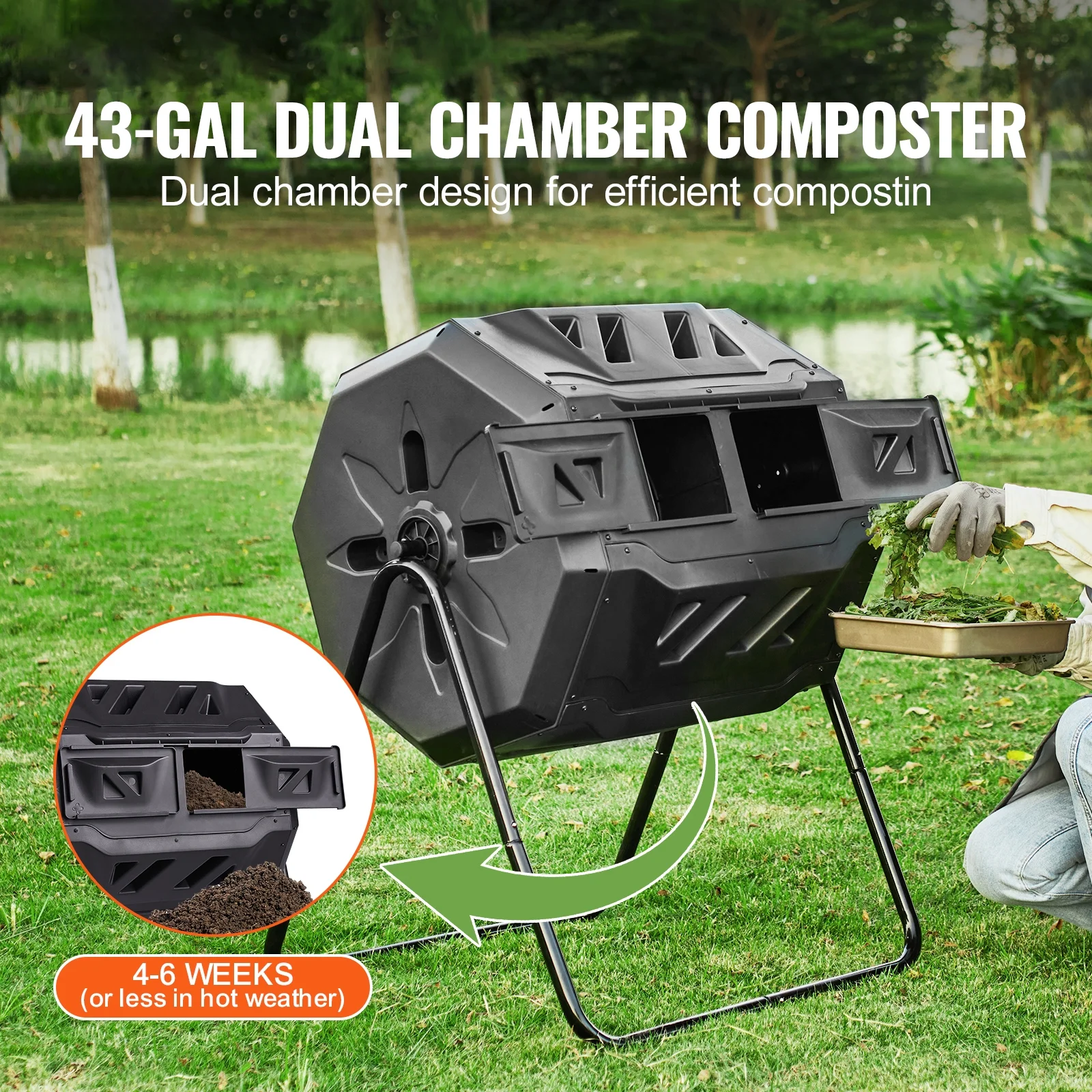 KFFKFF Compost Bin 43 Gal Dual-Chamber Composter Tumbler Rotating Sliding Door 29 x 24.6 x 37.6 in - image 2
