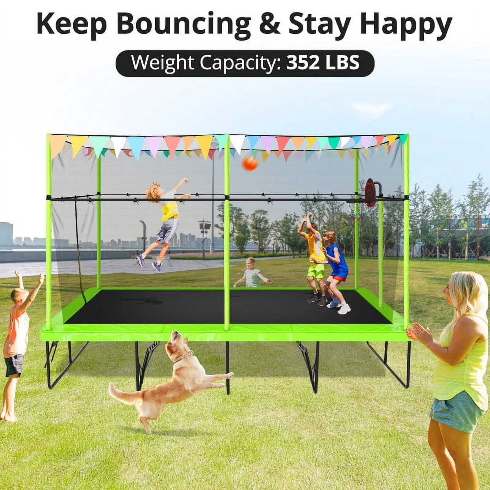 Voqoomkl Rectangle Trampoline with Basketball Hoop for Kids and Adults, Green, 204.00" x 120.00" x 141.00" - image 7