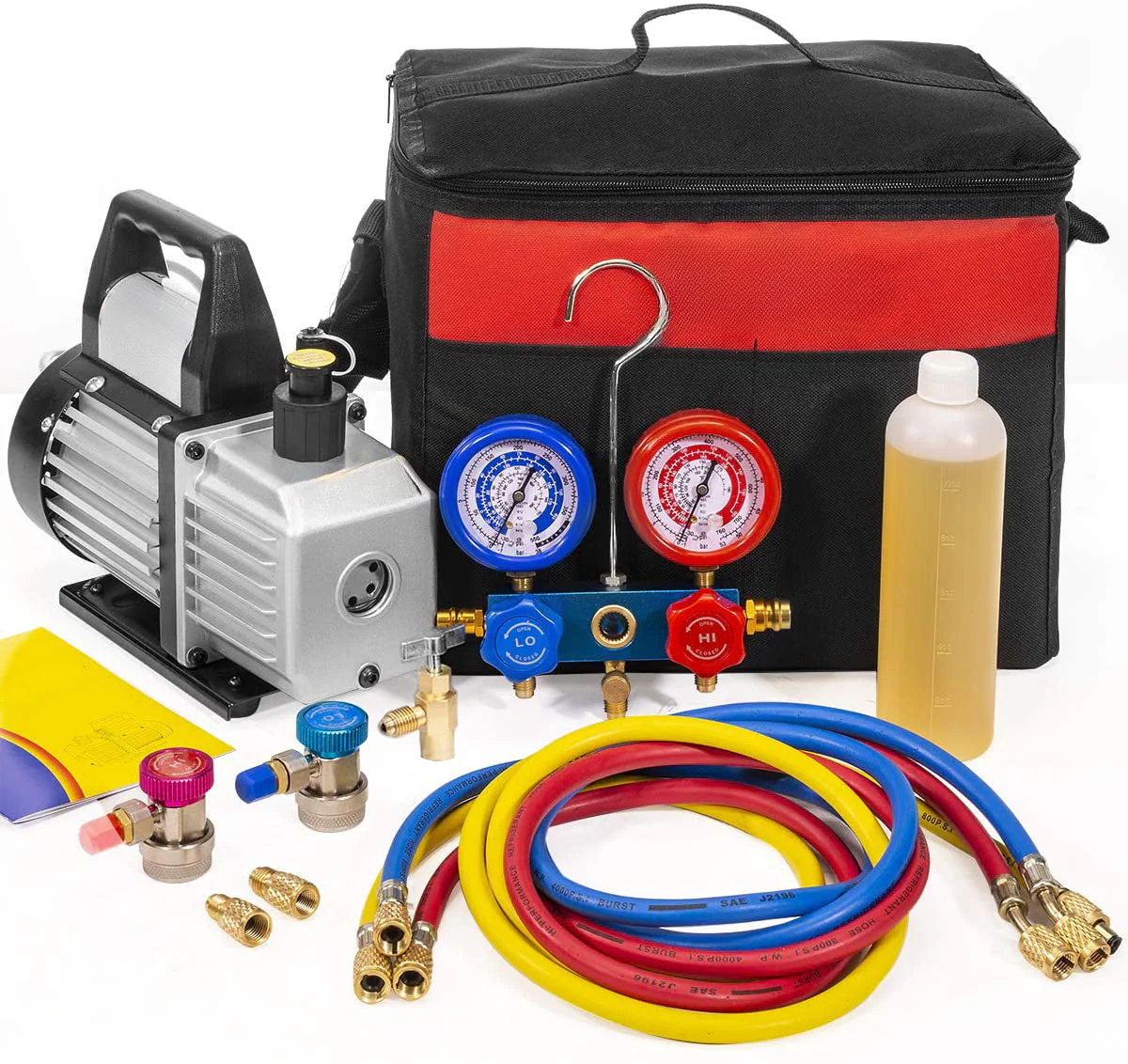 A/C Manifold Gauge Set with 3 CFM Vacuum Pump, R12 R22 R134a R410a HVAC Refrigeration Service Kit - product image 1
