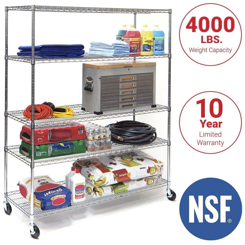 Seville Classics 60"W x 24"L x 72"H 5-Shelf Steel Wire Freestanding Shelves, Silver - image 1