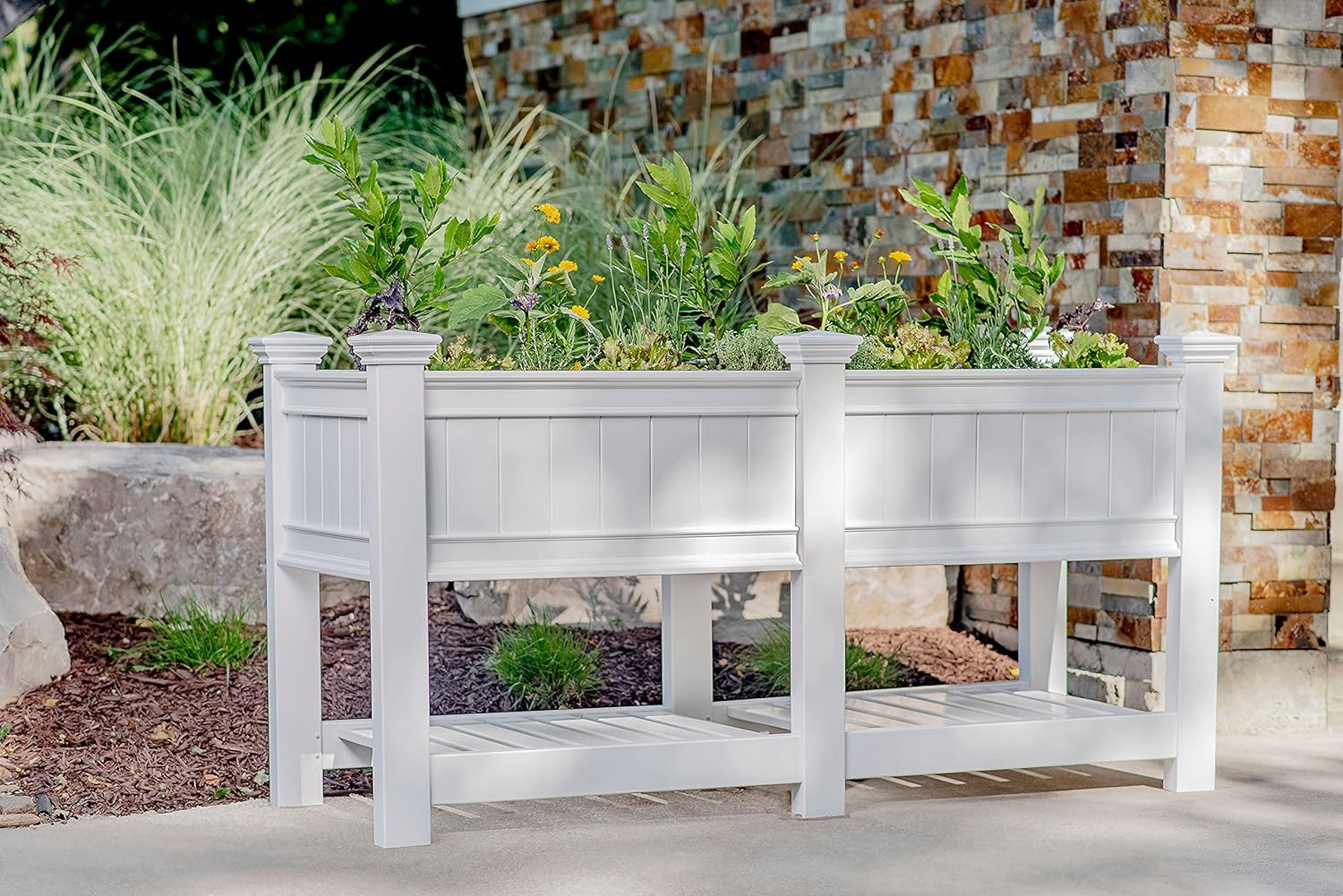 White Vinyl Raised Garden Bed Planter Box - Paintable Outdoor Herb & Flower Planter with Storage Shelf - product image 1