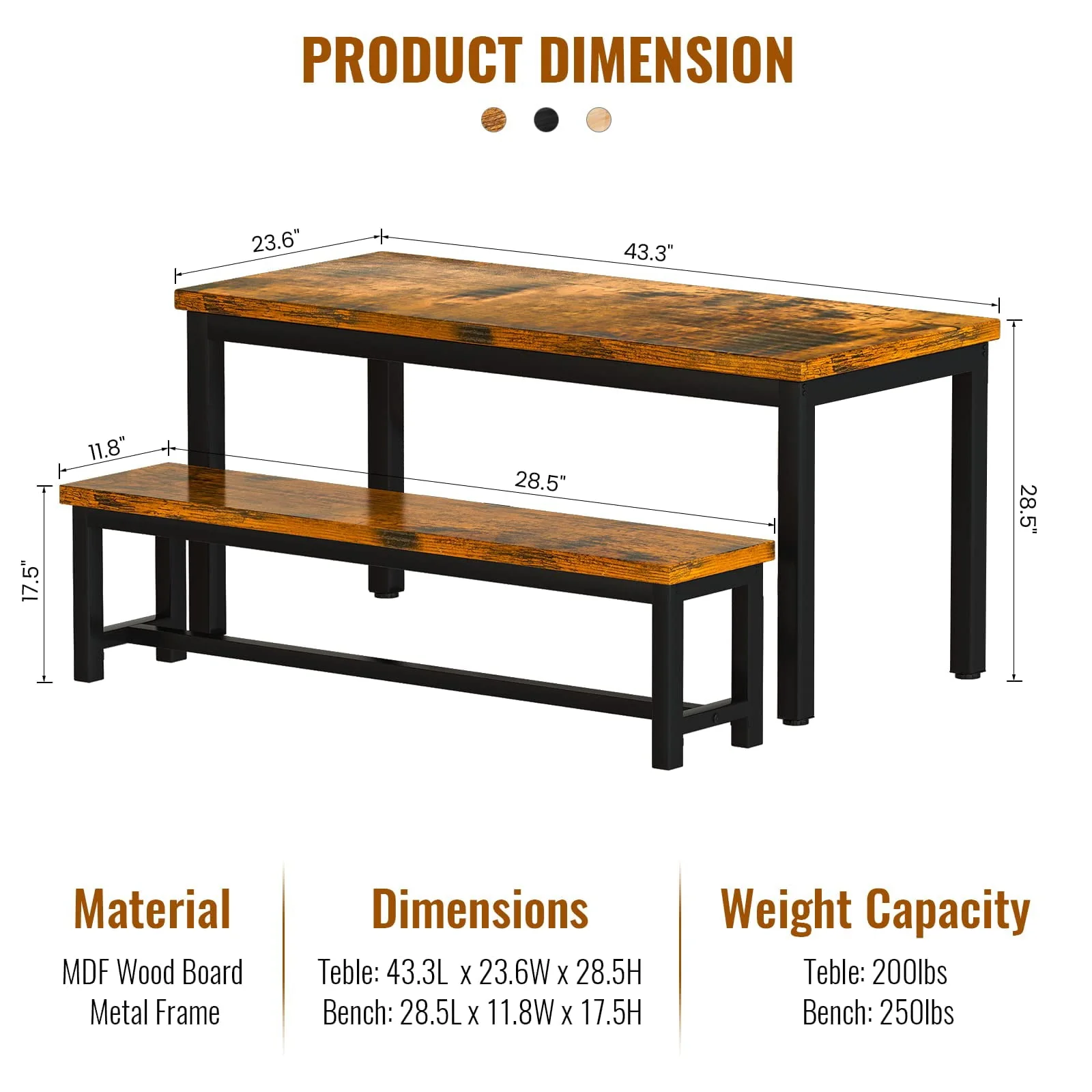 AWQM Dining Table Set with Two Benches, Kitchen Table Set for 4-6 Persons, Kitchen Table of 43.4 x 23.7 x 28.6 Inches, Bench of 38.6 x 11.9 x 17.6 - image 6