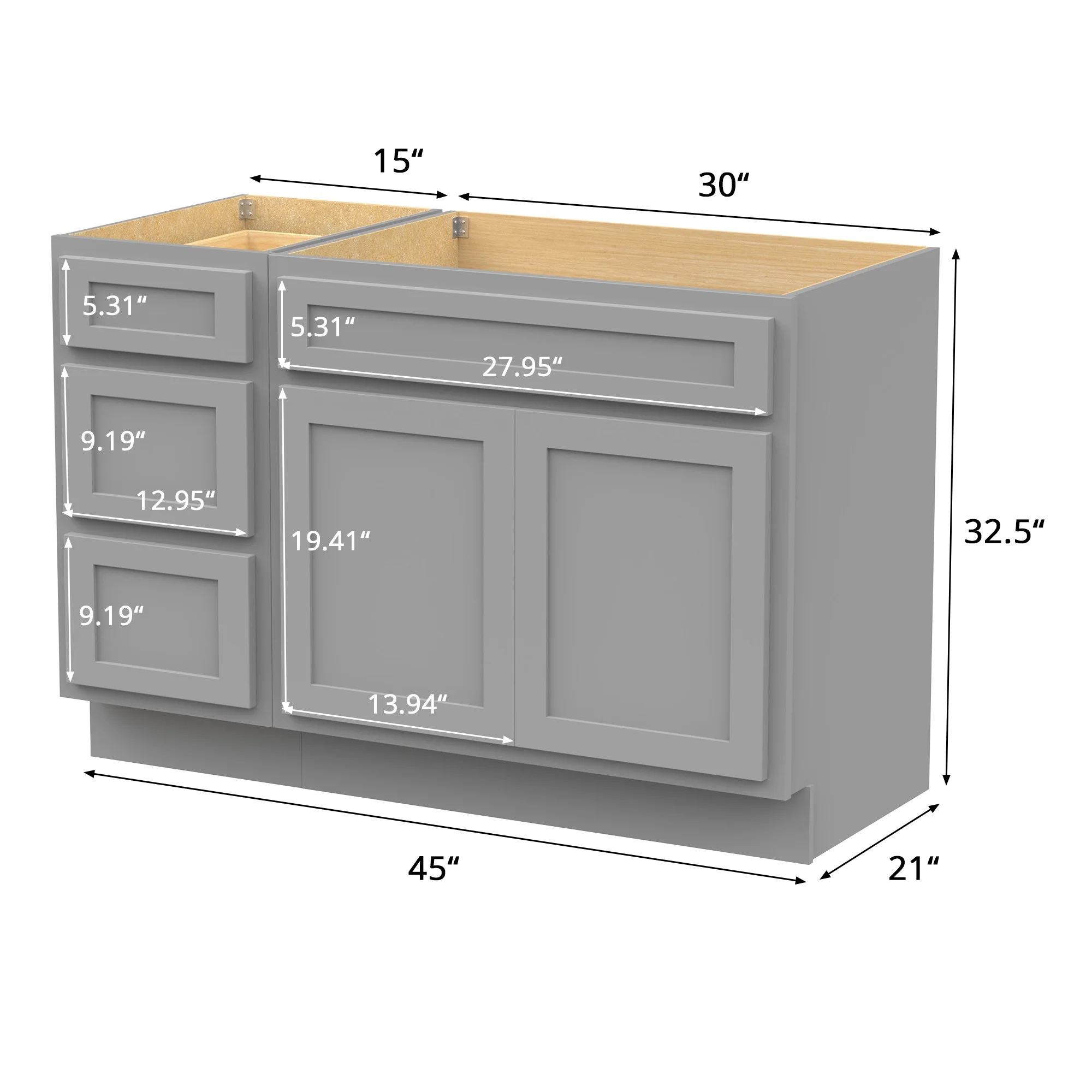 45 in. W x 21 in. D x 32.5 in. H Bath Vanity Cabinet without Top in Gray - image 8