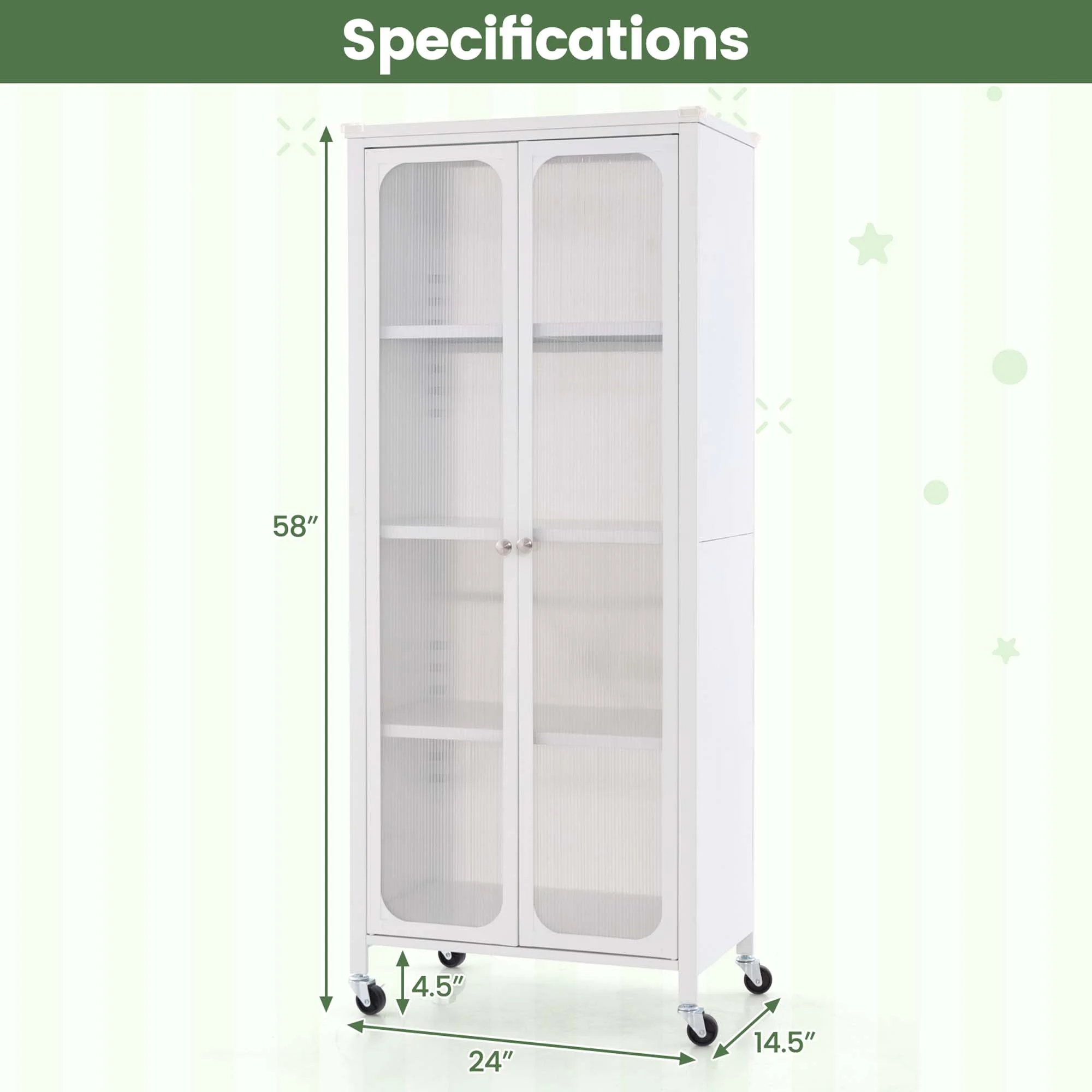 Costway Storage Cabinet with Wheels & 2 Translucent Doors Adjustable Shelves Sideboard 24" x 14.5" x 58" - image 3