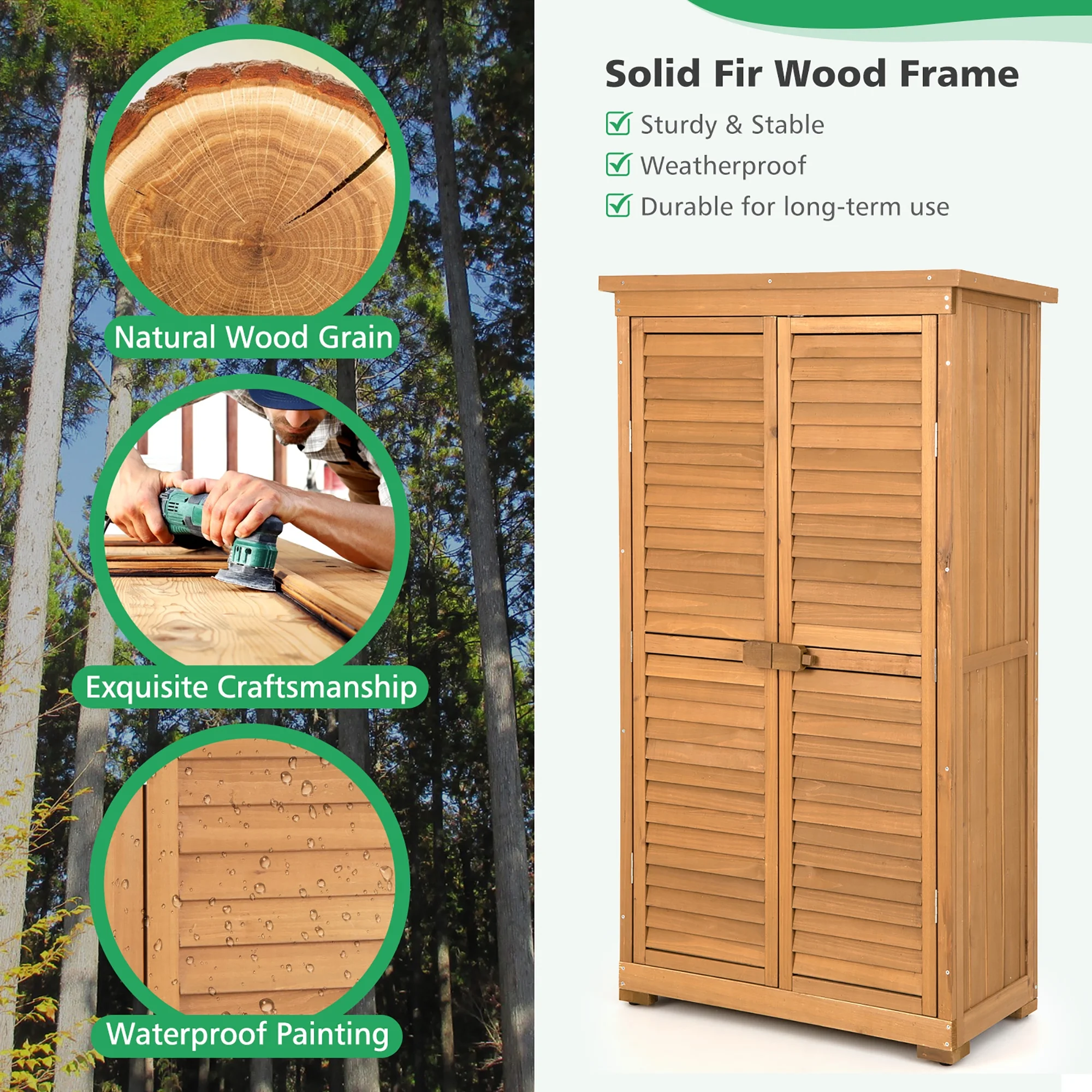 Costway Waterproof Fir Wood Storage Shed Garden, 34.5" x 16.5" x 63", Natural - image 7
