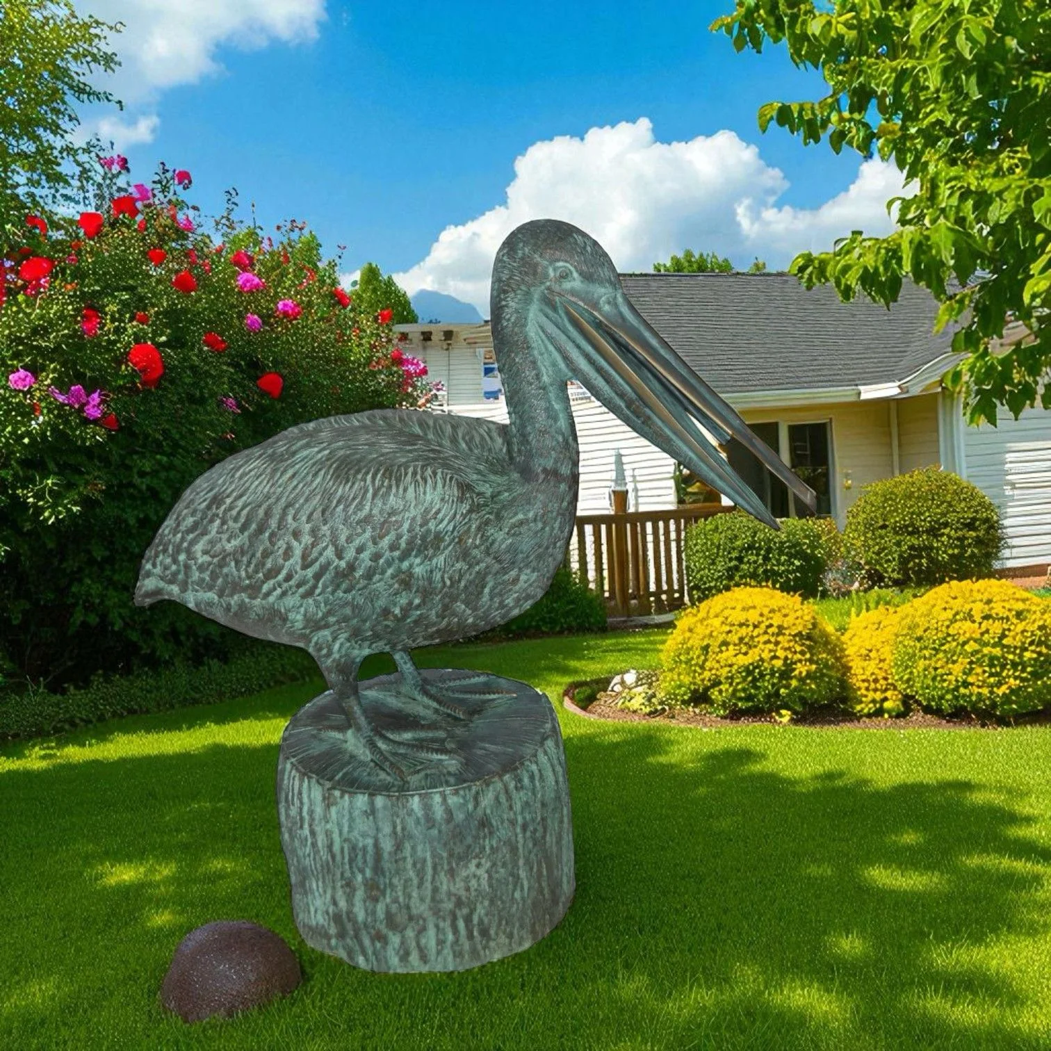 Nifao Pelican on a Tree Stump fountain bronze statue - Size: 30"L x 16"W x 46"H. - image 3
