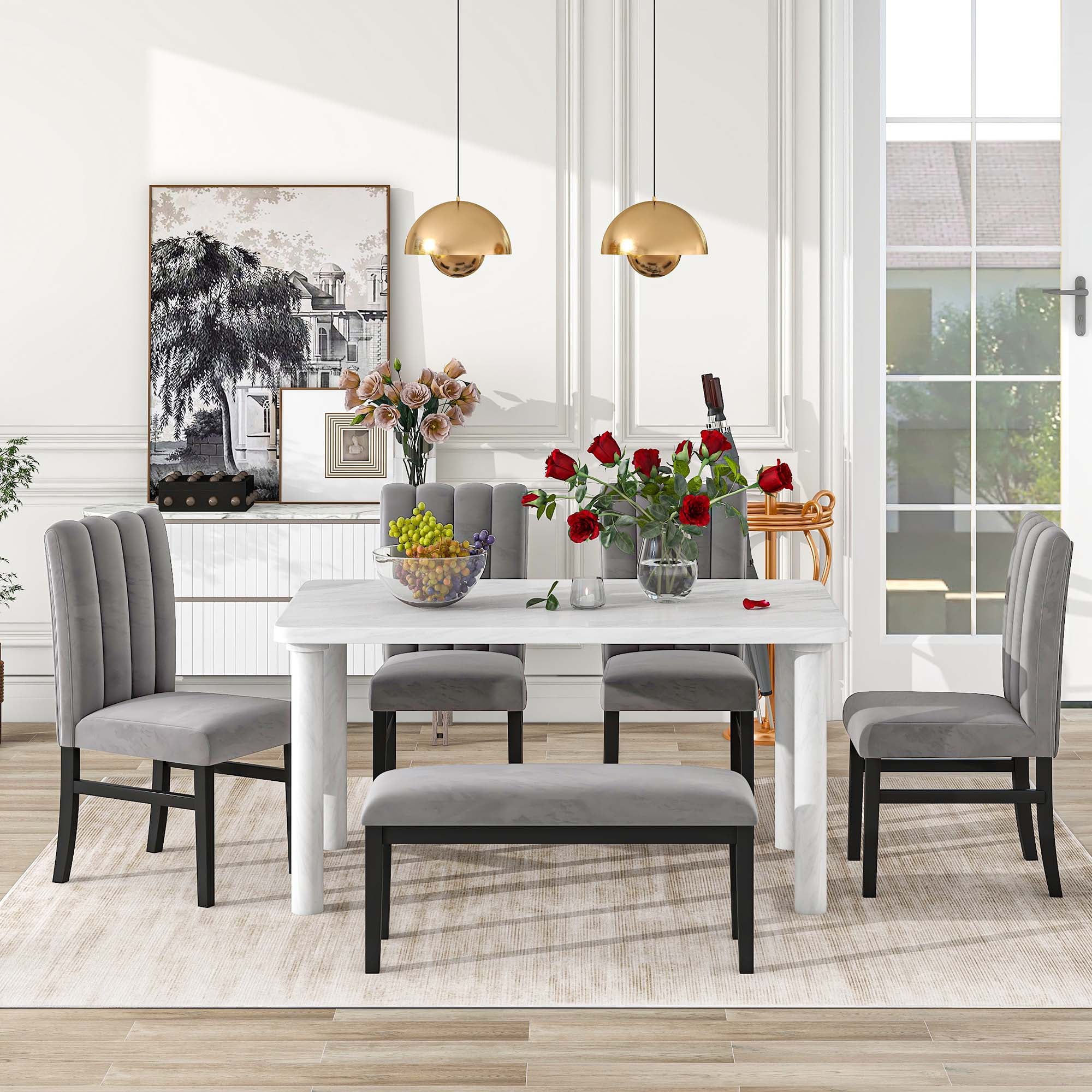 Set of 6 Marble Sticker Dining Table and 4 Velvet Upholstered Dining Chairs and Bench (White+Grey) Dimensions Table: 60"L x 36"W x 30"H Chair: 19.3"L - image 5
