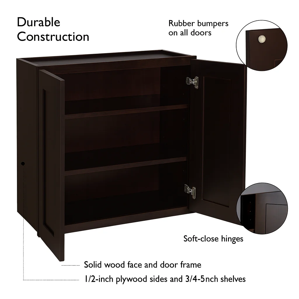 Design House Brookings Solid Wood Ready to Assemble Wall Kitchen Cabinet (30" x 12" x 36"), Espresso - image 7