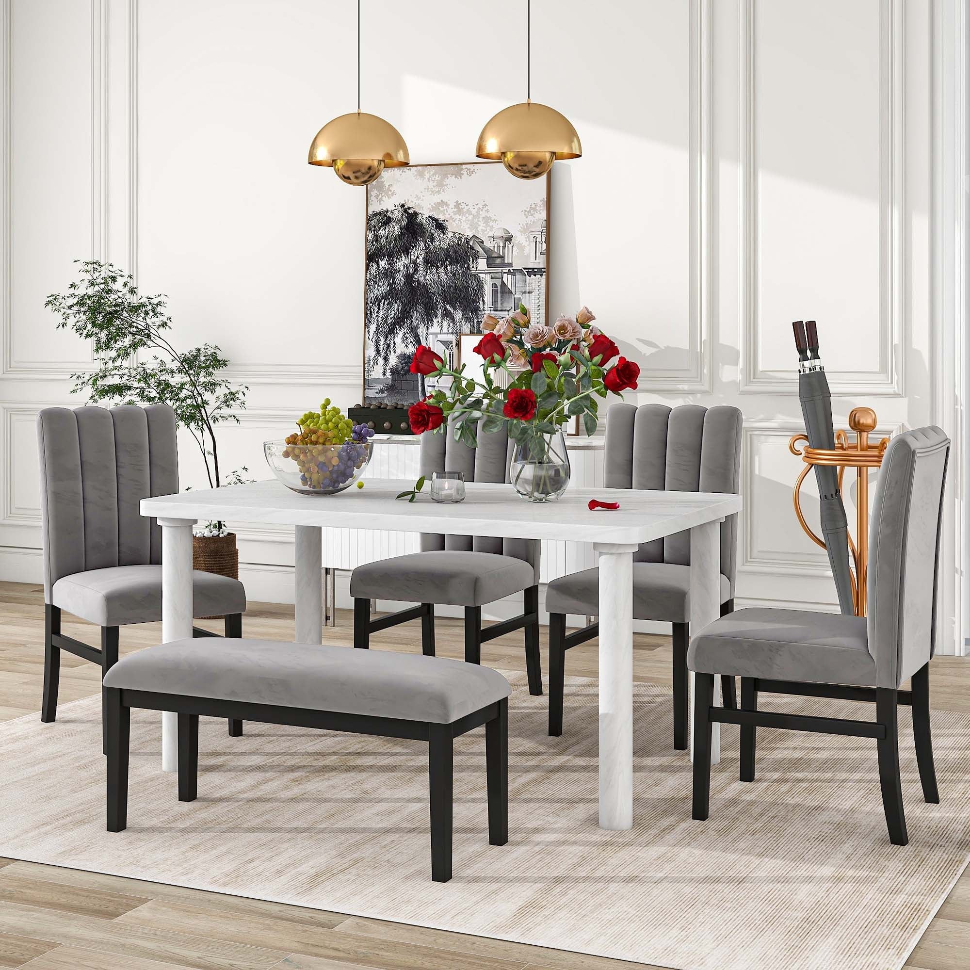 Set of 6 Marble Sticker Dining Table and 4 Velvet Upholstered Dining Chairs and Bench (White+Grey) Dimensions Table: 60"L x 36"W x 30"H Chair: 19.3"L - image 1