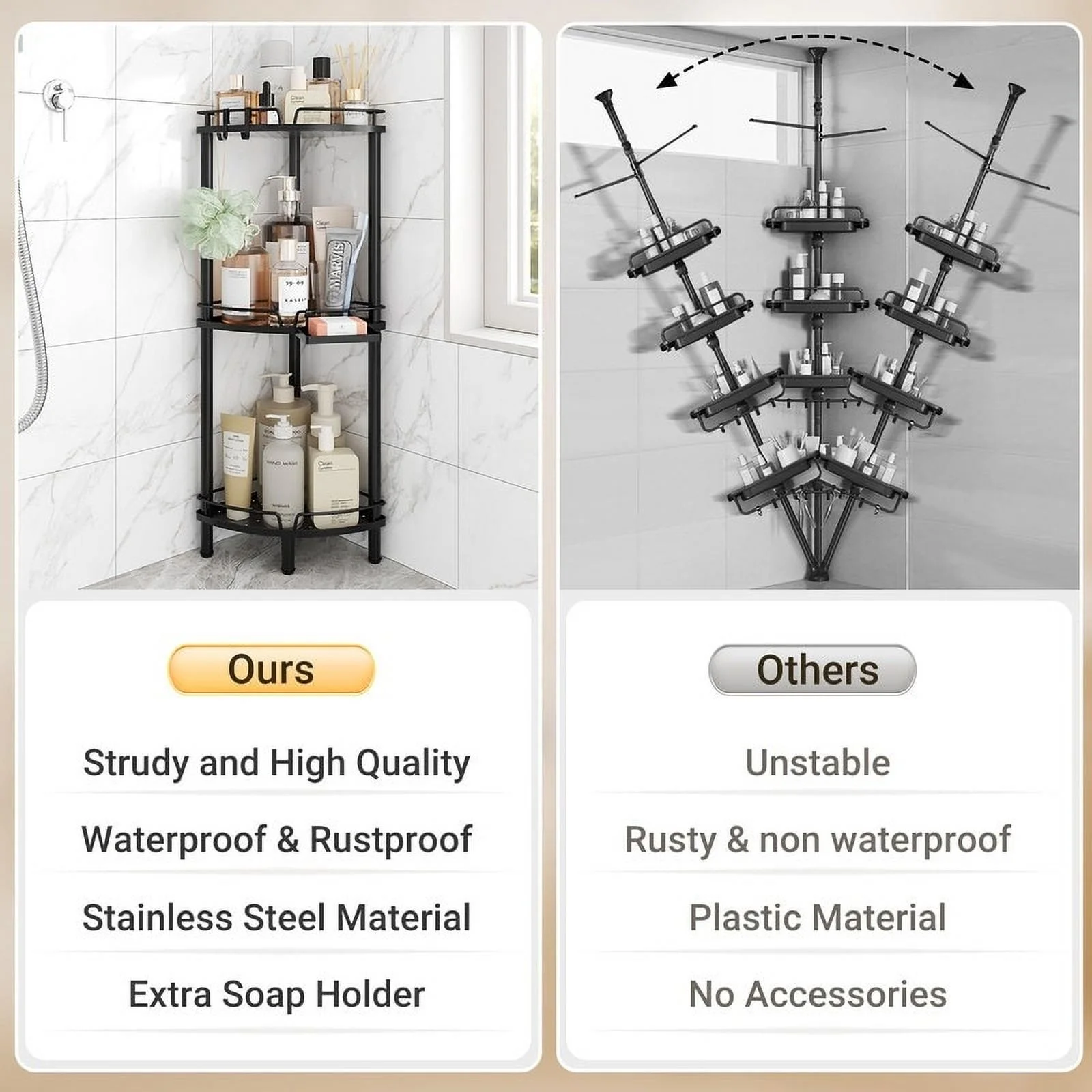 Corner Shower Caddy - 9.6"D x 9.6"W x 30.9"H Black-3 Tier - image 2