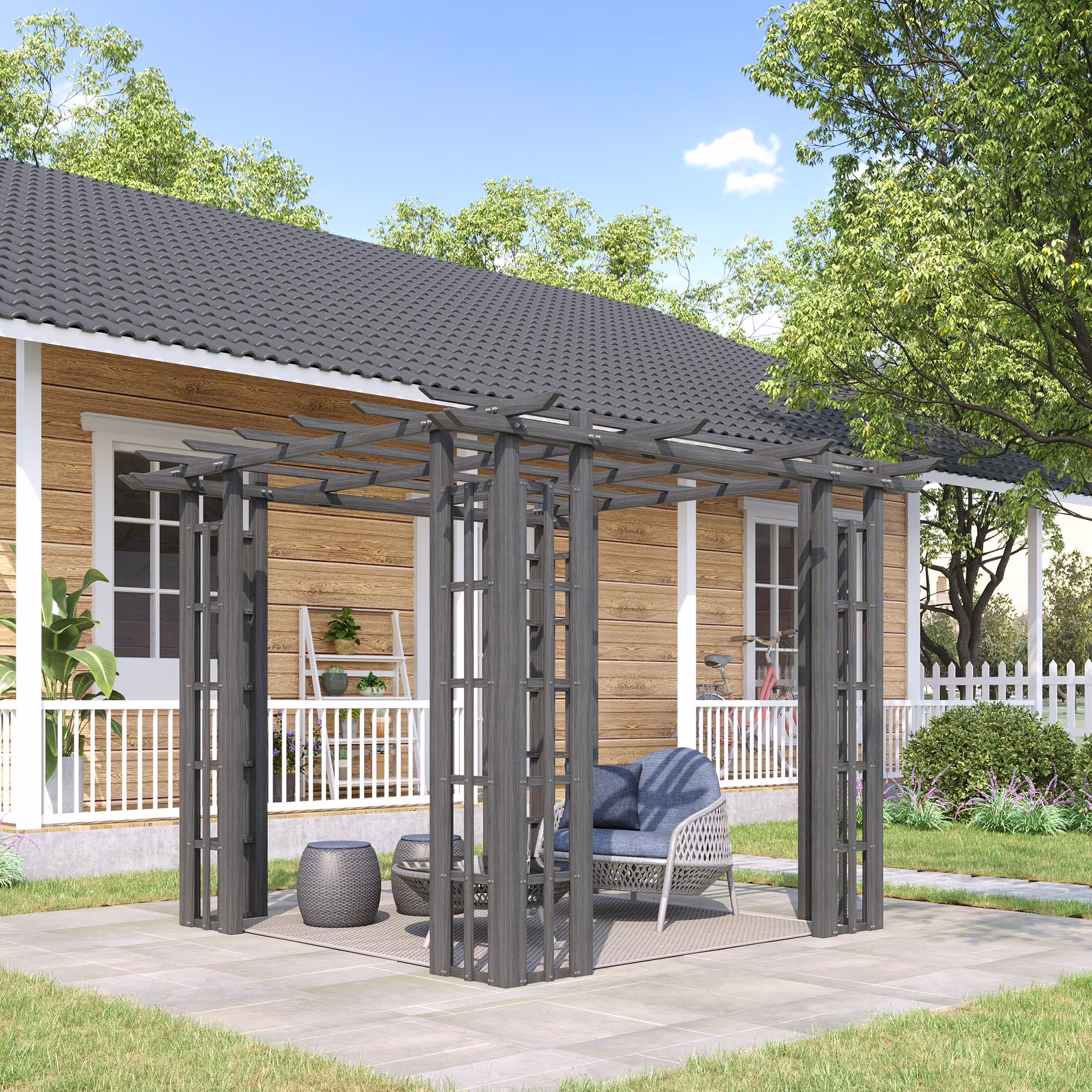 Outsunny 9' x 9' x 7' Dark Grey Vinyl Pergola, Flat Top, Adjustable Canopy - image 1