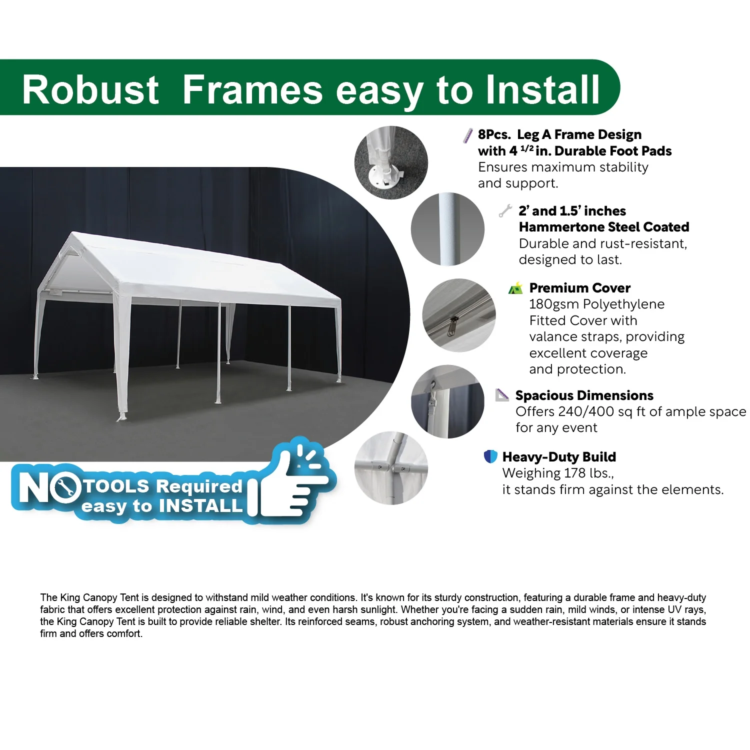 King Canopy Expandable Canopy 12' x 20' / 20' x 20', Steel Frame, 8-Leg, White - image 4