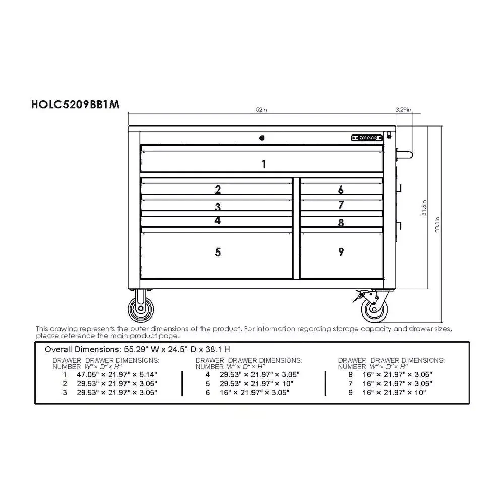 52-Inch 9-Drawer Mobile Workbench with Adjustable Height Wood Top, Heavy Duty Rolling Tool Cabinet - product image 3