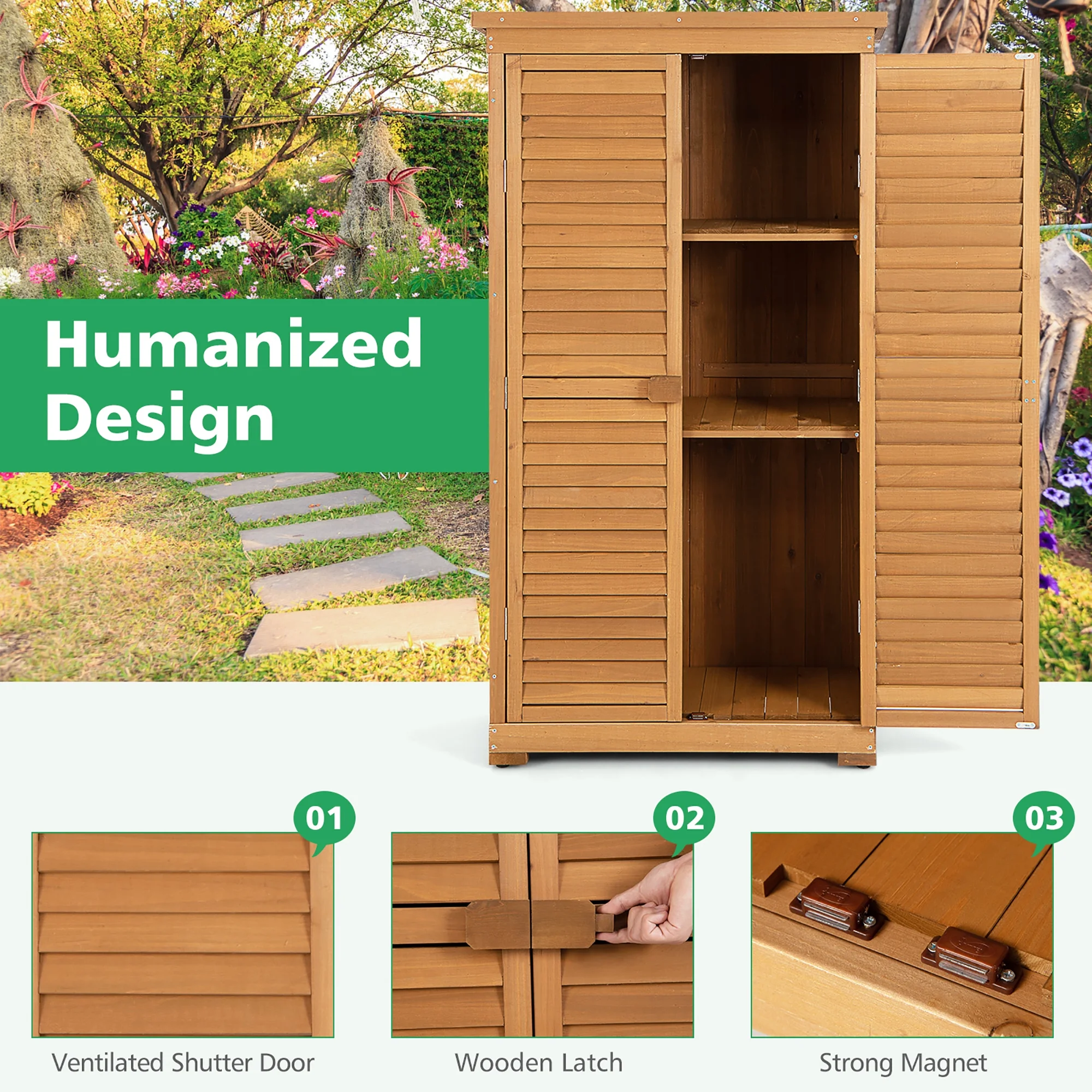 Costway Waterproof Fir Wood Storage Shed Garden, 34.5" x 16.5" x 63", Natural - image 8