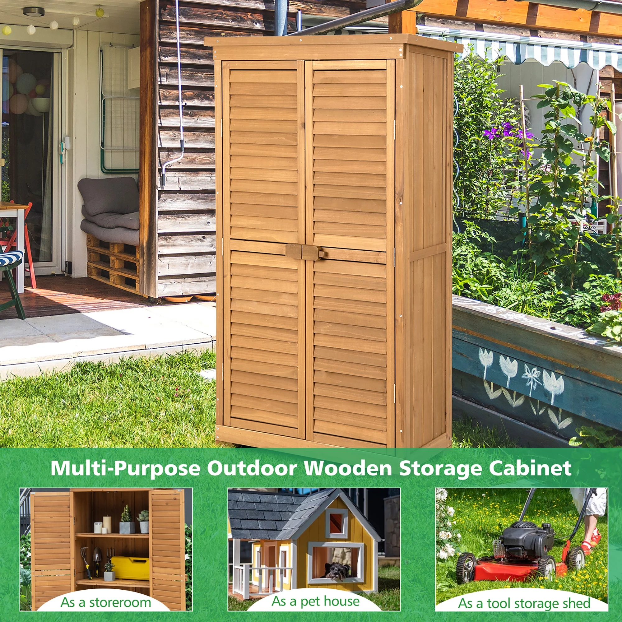 Costway Waterproof Fir Wood Storage Shed Garden, 34.5" x 16.5" x 63", Natural - image 4