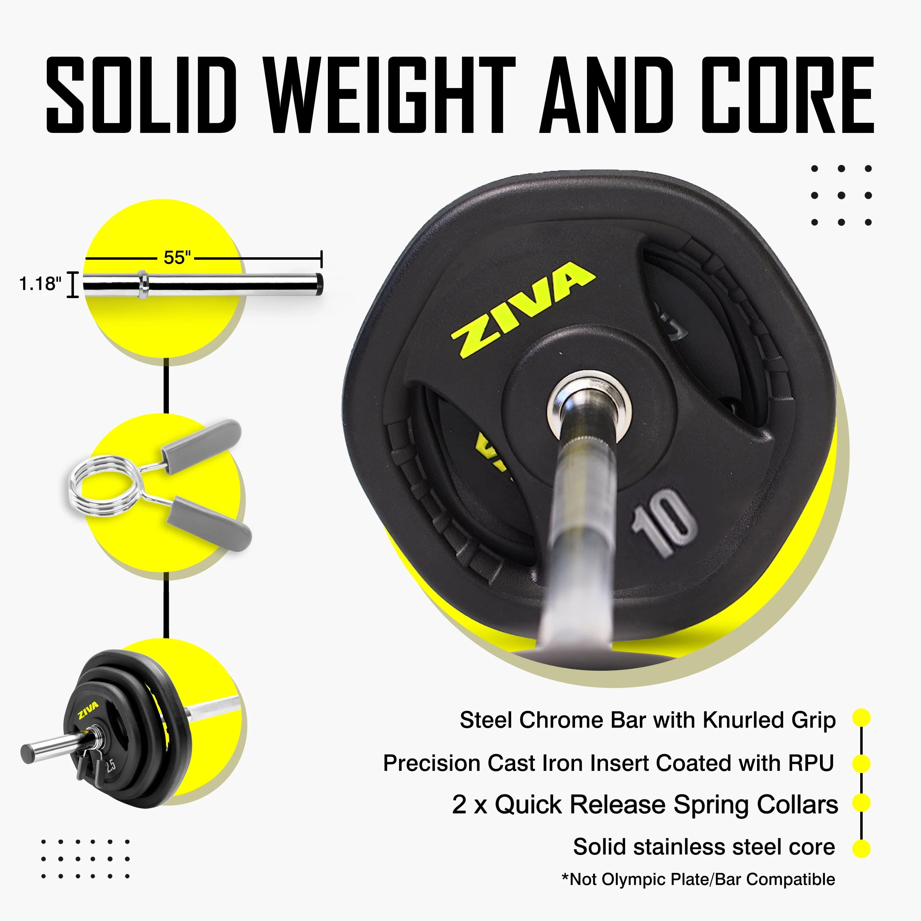 ZIVA RPU Studio Barbell Adjustable Weight Set - 6 High Grade RPU Coated Grip Plates (2 x 2.5lb, 2 x 5lb, 2 x 10lb) 1.18" D Steel Chrome Bar (55L x - image 4