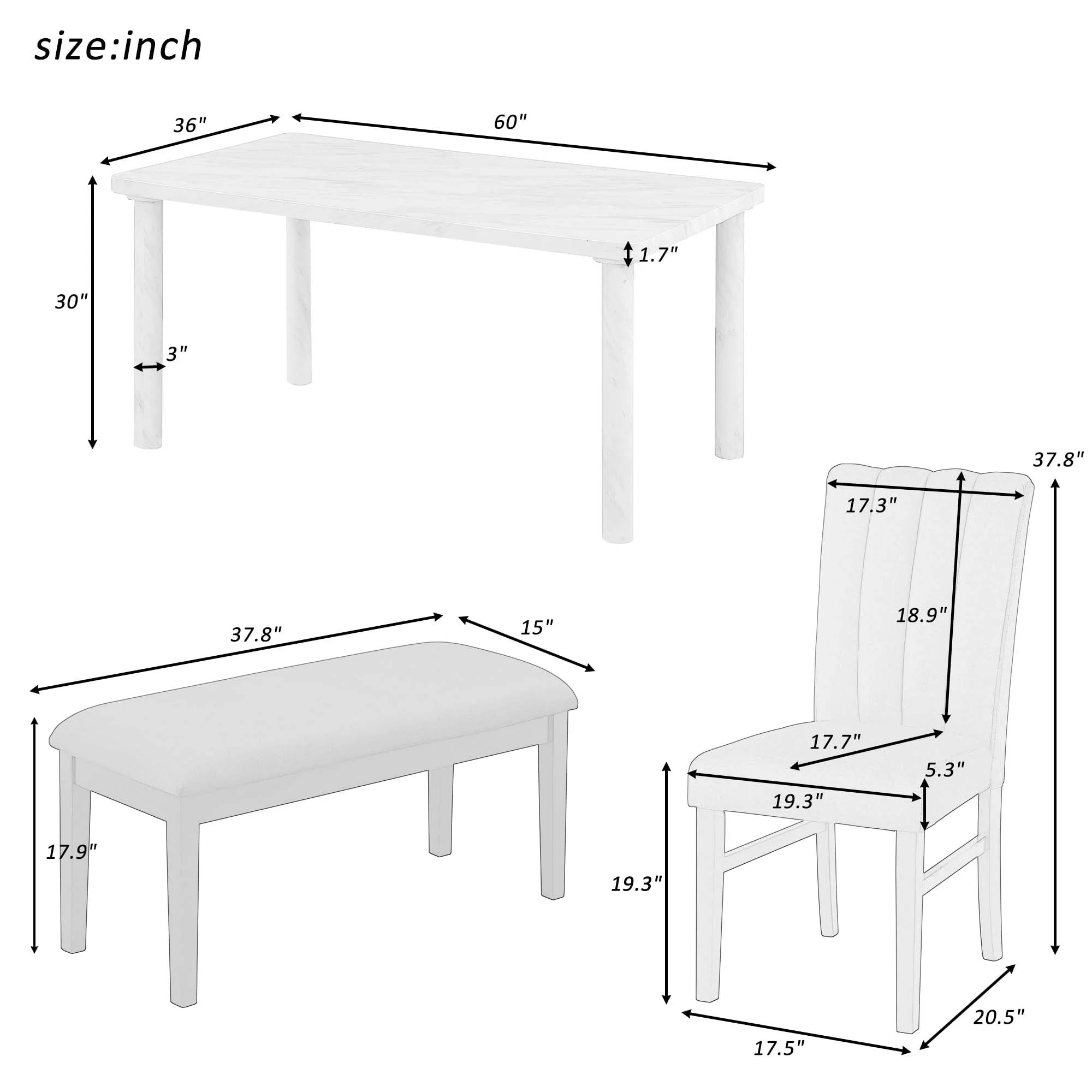 Set of 6 Marble Sticker Dining Table and 4 Velvet Upholstered Dining Chairs and Bench (White+Grey) Dimensions Table: 60"L x 36"W x 30"H Chair: 19.3"L - image 3