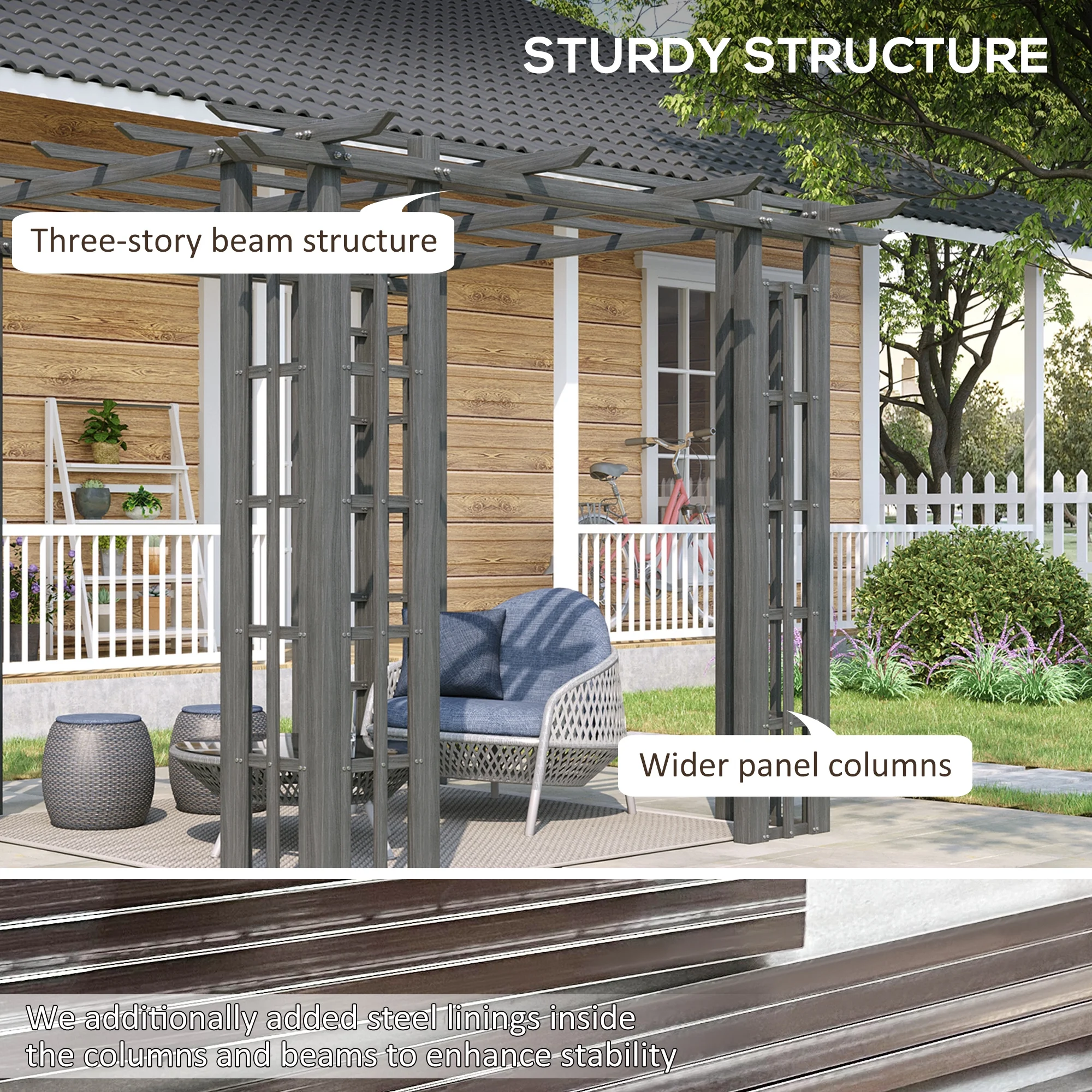 Outsunny 9' x 9' x 7' Dark Grey Vinyl Pergola, Flat Top, Adjustable Canopy - image 4