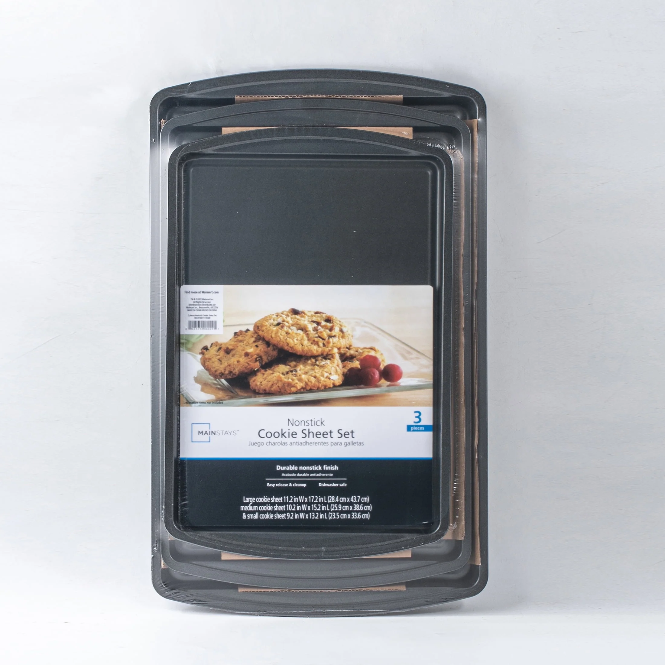 Mainstays 3PC Nonstick Cookie Set, 11.2" x 17.2", 10.2" x 15.2", 9.2" x 13.2", Gray - image 1