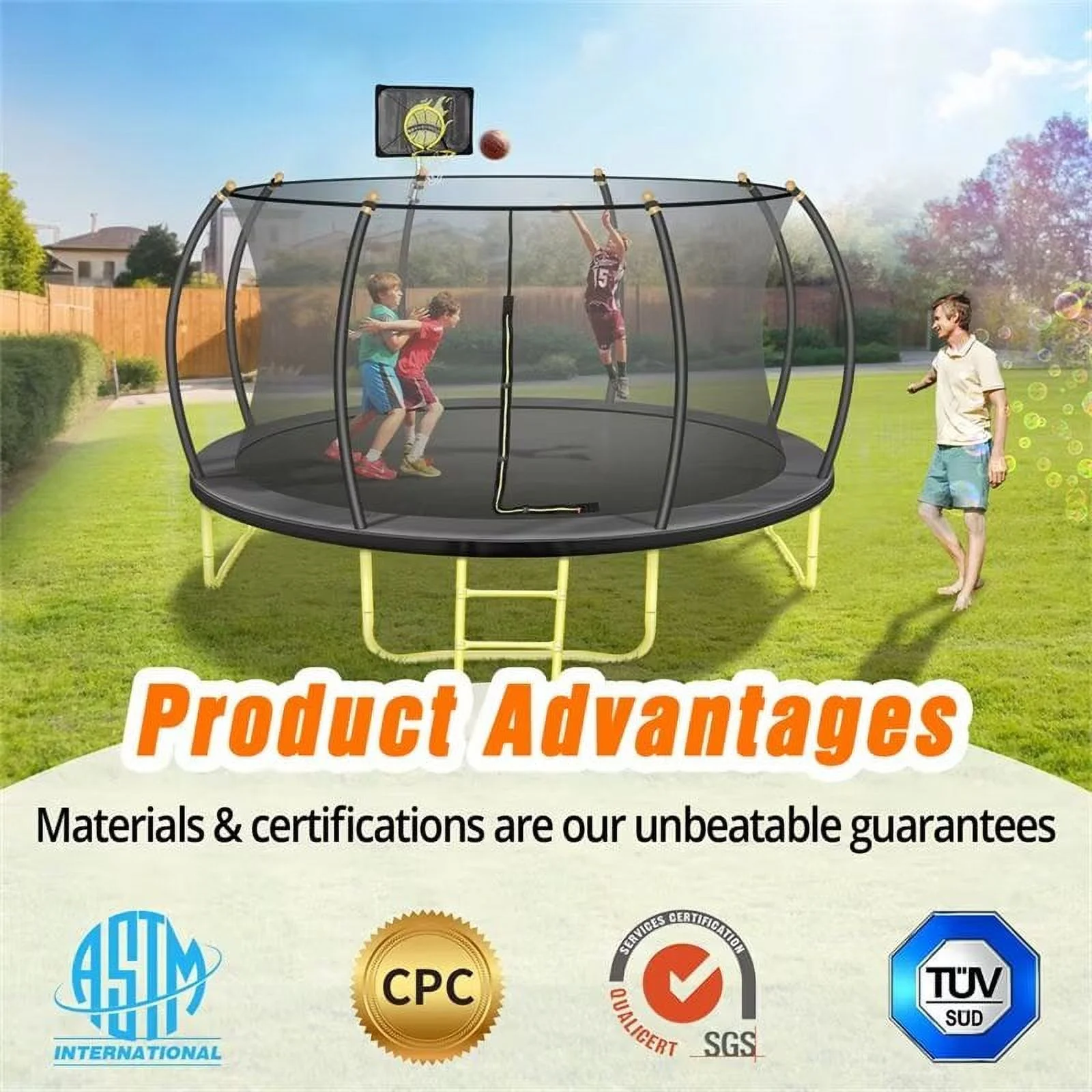 JAMPOOCA Pumpkin Trampoline with Enclosure for Kids and Adults, Black/Yellow, 63.78" x 17.72" x 8.66" - image 5