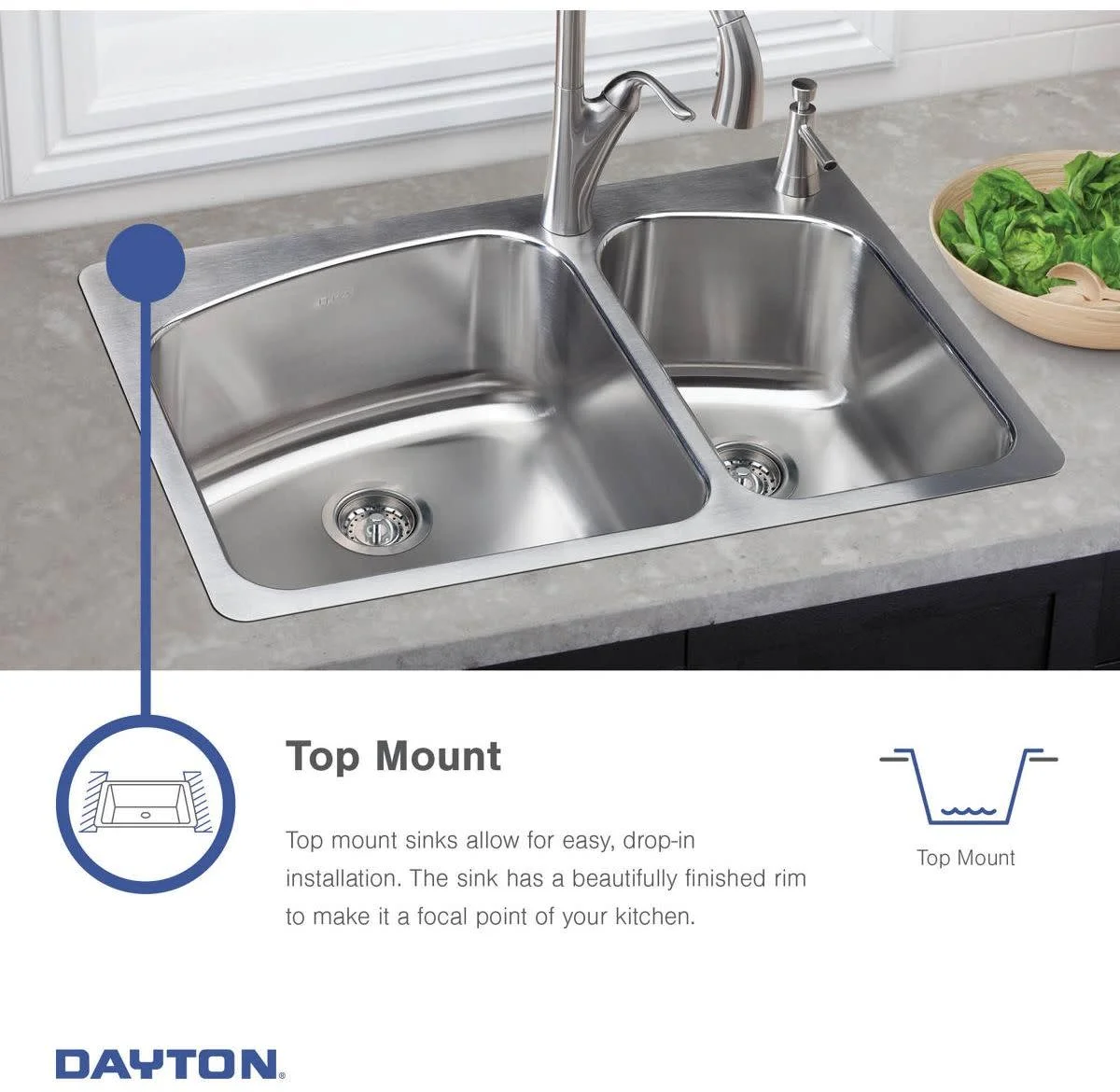 Elkay Dayton Stainless Steel 33" x 22" x 8-1/16", Equal Double Bowl Drop-in Sink - image 6