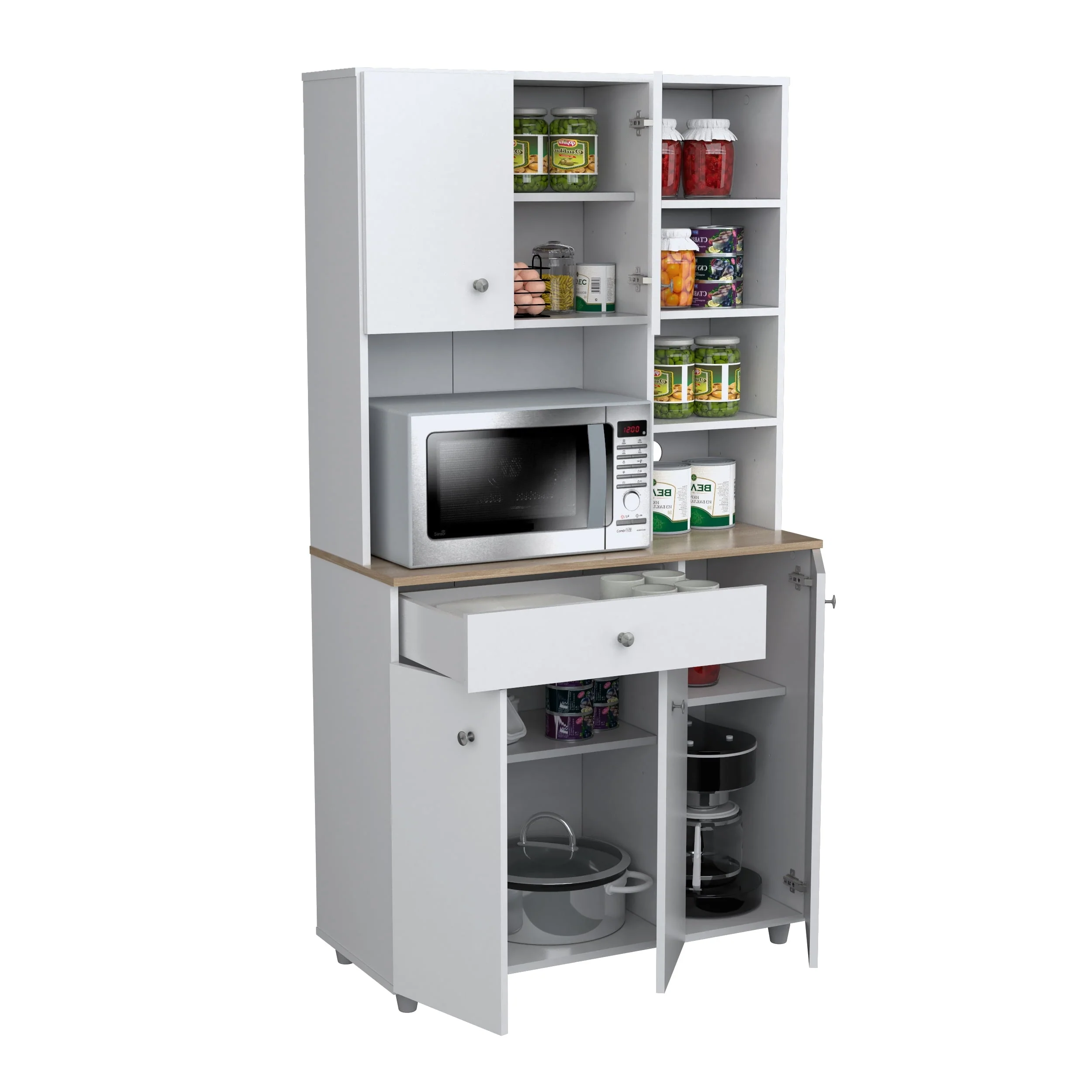 Inval 10-Shelf Kitchen Microwave Storage Cabinet (35 x 66 x 16), White/Maple - image 4