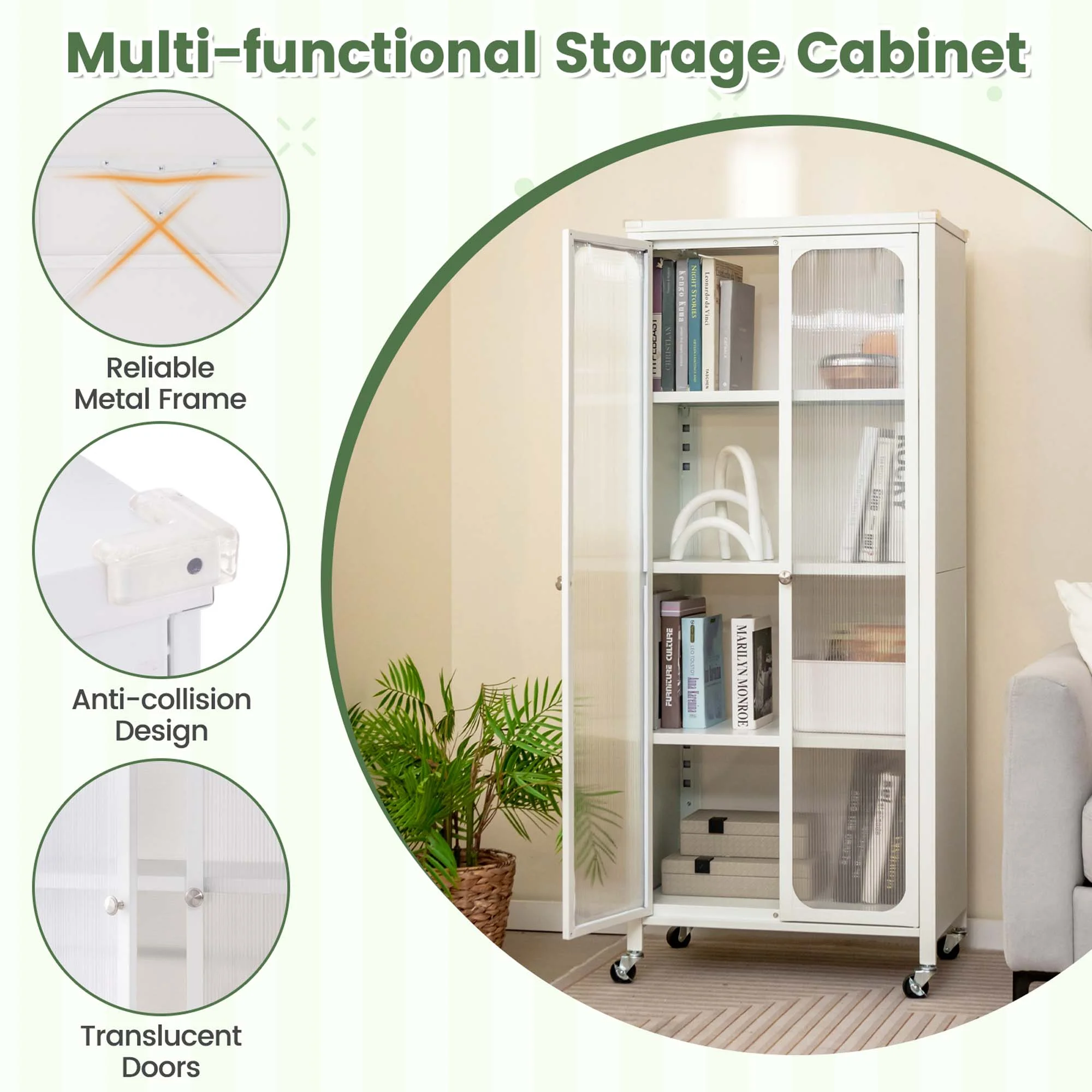 Costway Storage Cabinet with Wheels & 2 Translucent Doors Adjustable Shelves Sideboard 24" x 14.5" x 58" - image 6