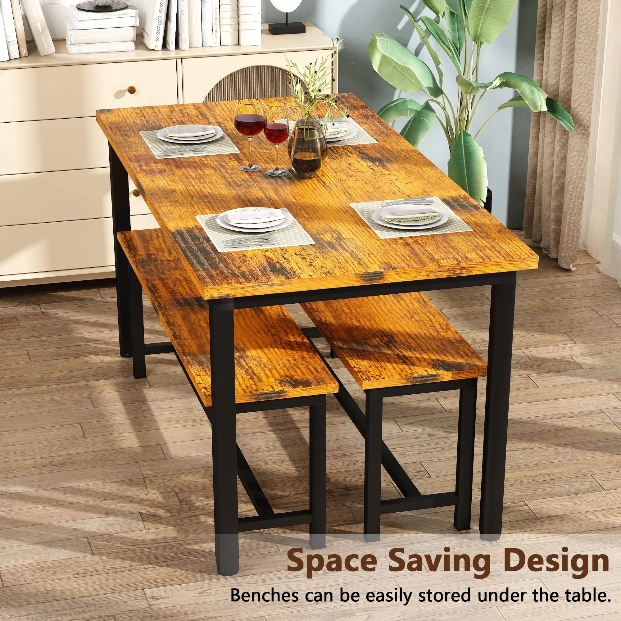 AWQM Dining Table Set with Two Benches, Kitchen Table Set for 4-6 Persons, Kitchen Table of 43.4 x 23.7 x 28.6 Inches, Bench of 38.6 x 11.9 x 17.6 - image 4