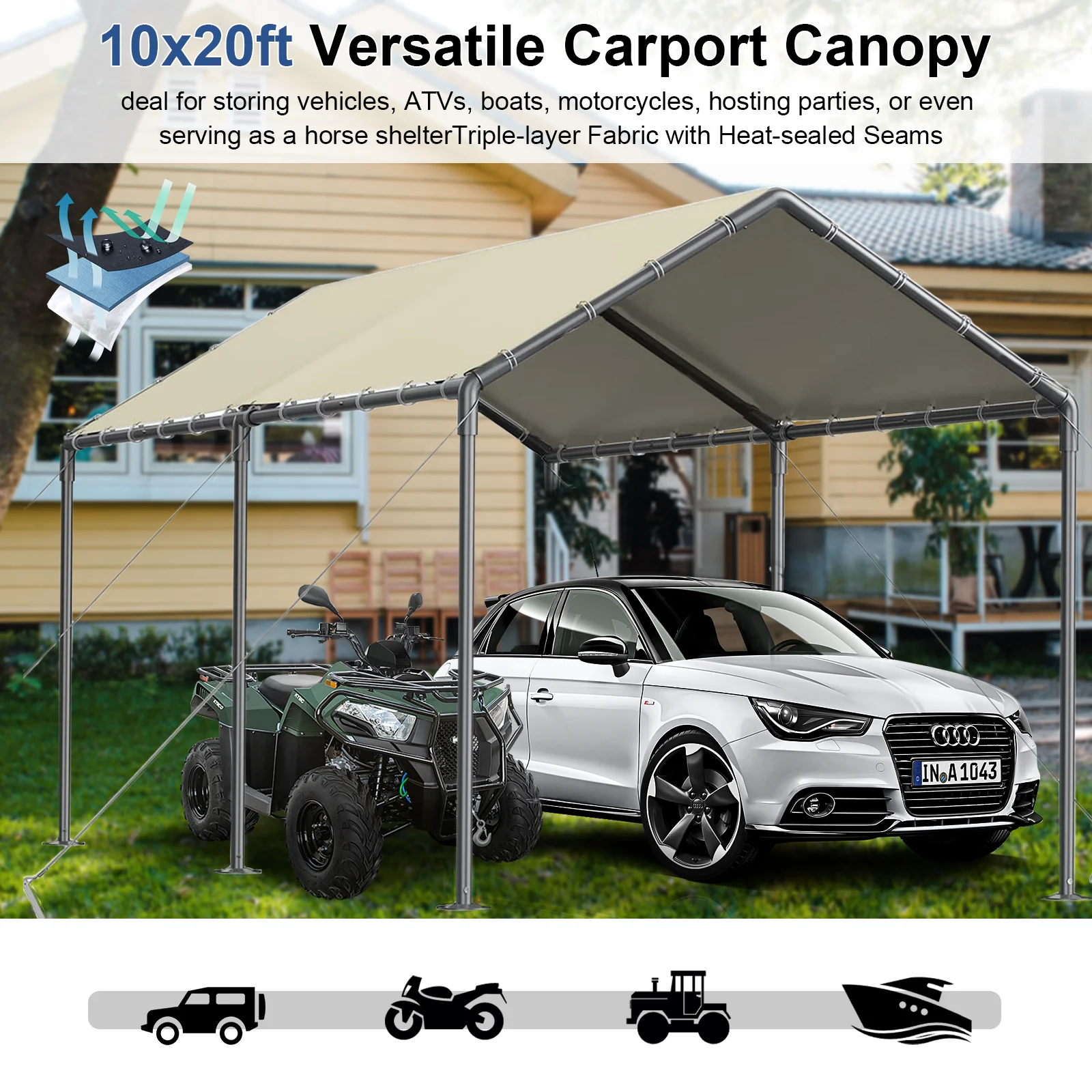 TANGJEAMER 10.00 x 20.00 x 9.20 Feet Beige Carport - image 8