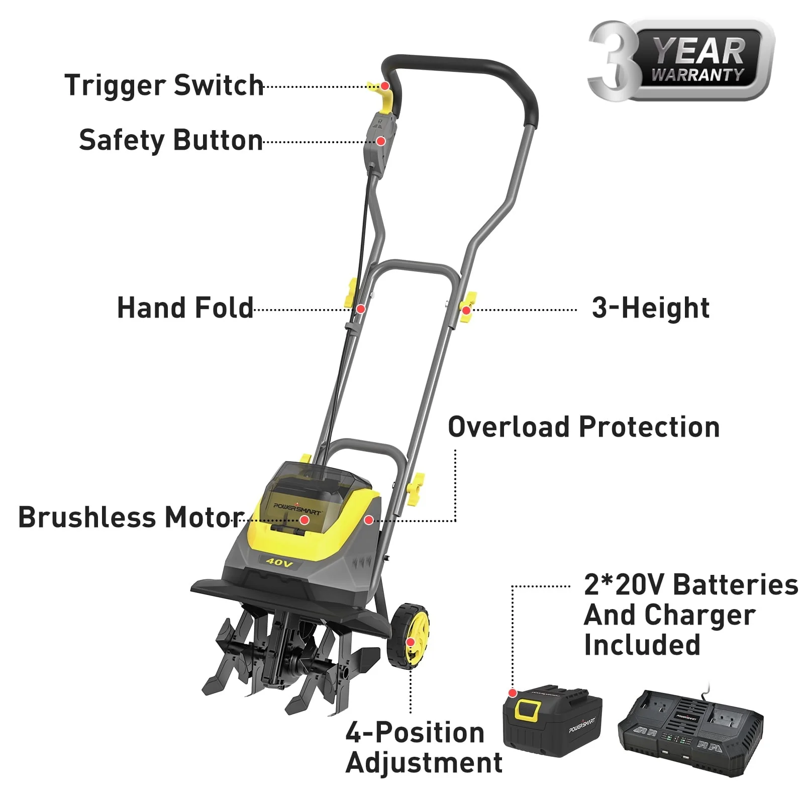 PowerSmart 40V 12-inch Cordless Garden Tiller/Cultivator , 23.4 x 14 x 12.8 inches - image 3
