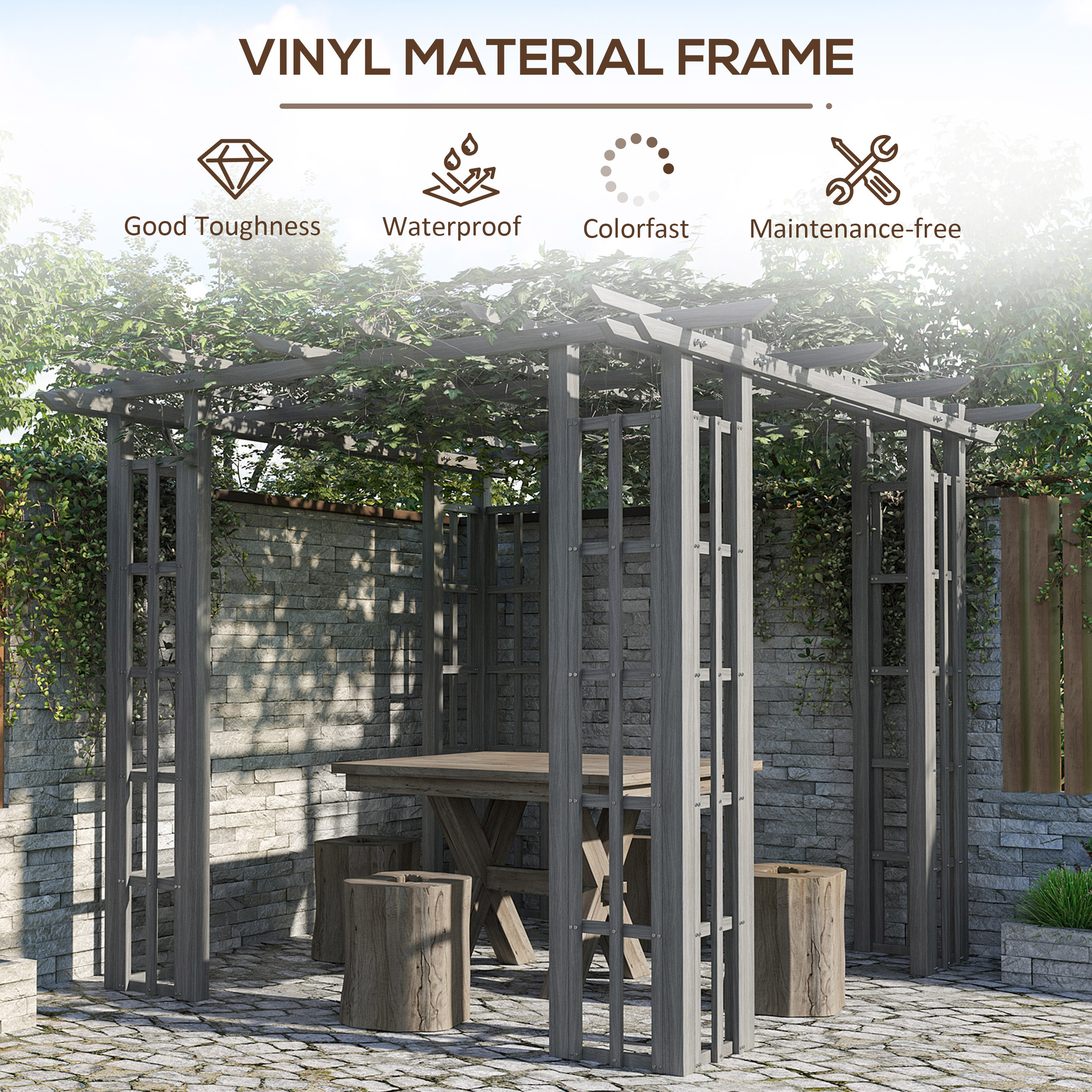 Outsunny 9' x 9' x 7' Dark Grey Vinyl Pergola, Flat Top, Adjustable Canopy - image 3