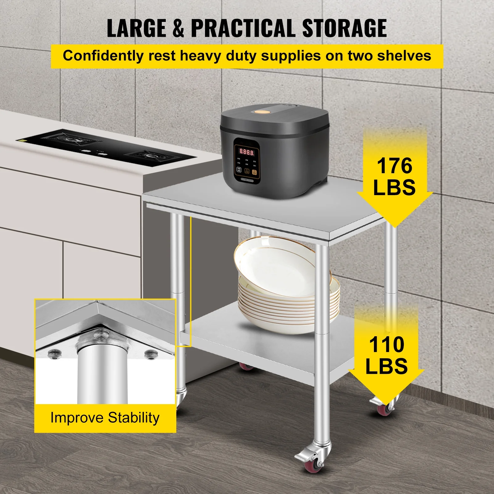 KFFKFF Stainless Steel Work Table with Wheels 24 x 30 Prep Table with casters Heavy Duty Work Table for Commercial Kitchen Restaurant Business (24 x - image 4
