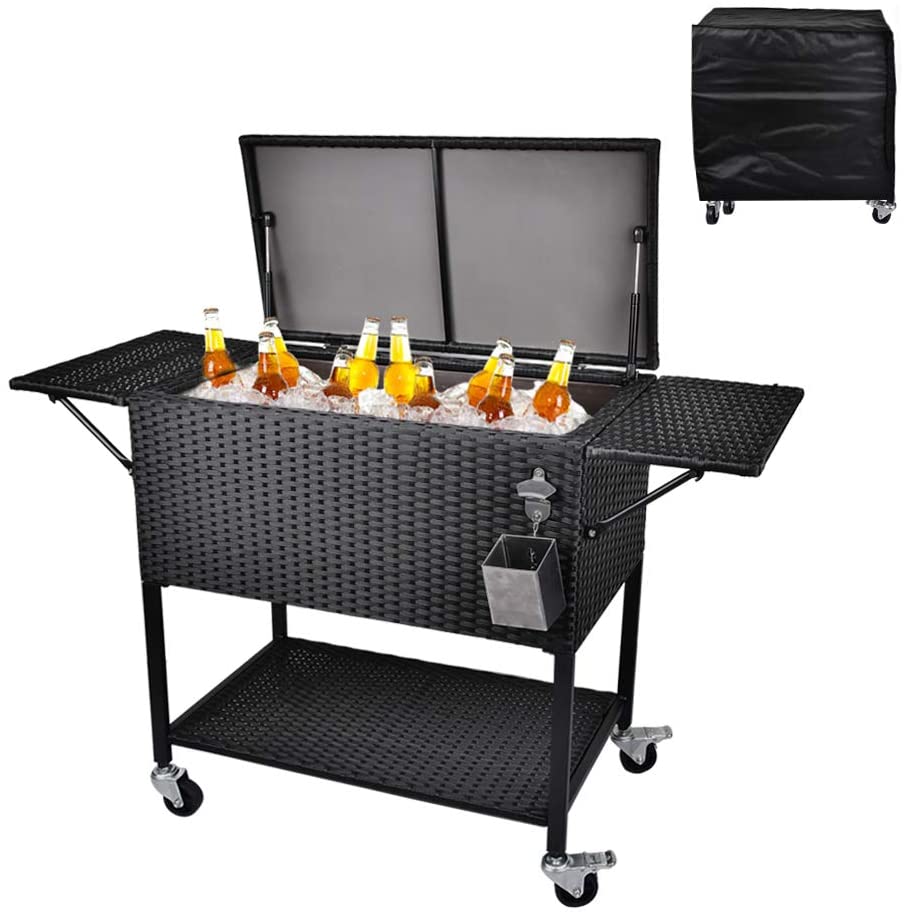 80 Quart Rolling Cooler Cart - Wicker Outdoor Ice Chest with Insulated Storage, Wheels and Bottle Opener - product image 1
