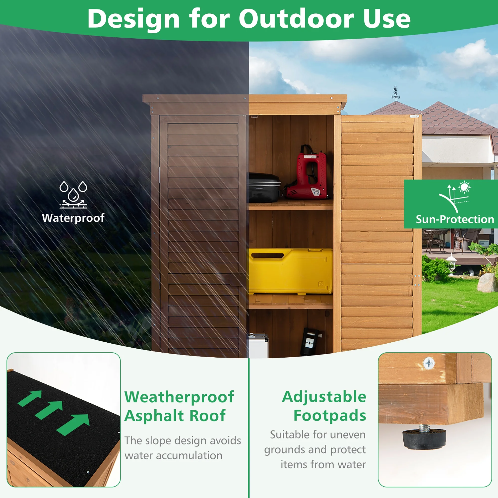 Costway Waterproof Fir Wood Storage Shed Garden, 34.5" x 16.5" x 63", Natural - image 6