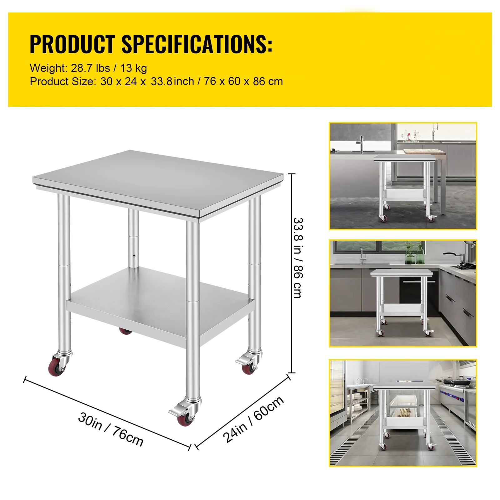 KFFKFF Stainless Steel Work Table with Wheels 24 x 30 Prep Table with casters Heavy Duty Work Table for Commercial Kitchen Restaurant Business (24 x - image 3