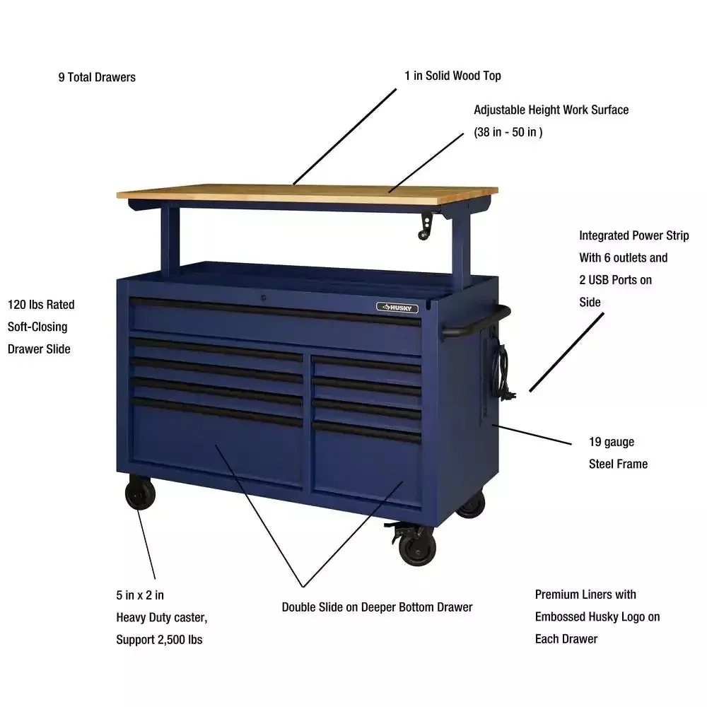 52-Inch 9-Drawer Mobile Workbench with Adjustable Height Wood Top, Heavy Duty Rolling Tool Cabinet - product image 5
