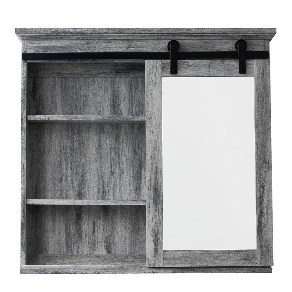 Wood Medicine Cabinet with Mirror - Gray Wall Mounted Bathroom Cabinet with Sliding Barn Door - product image 1
